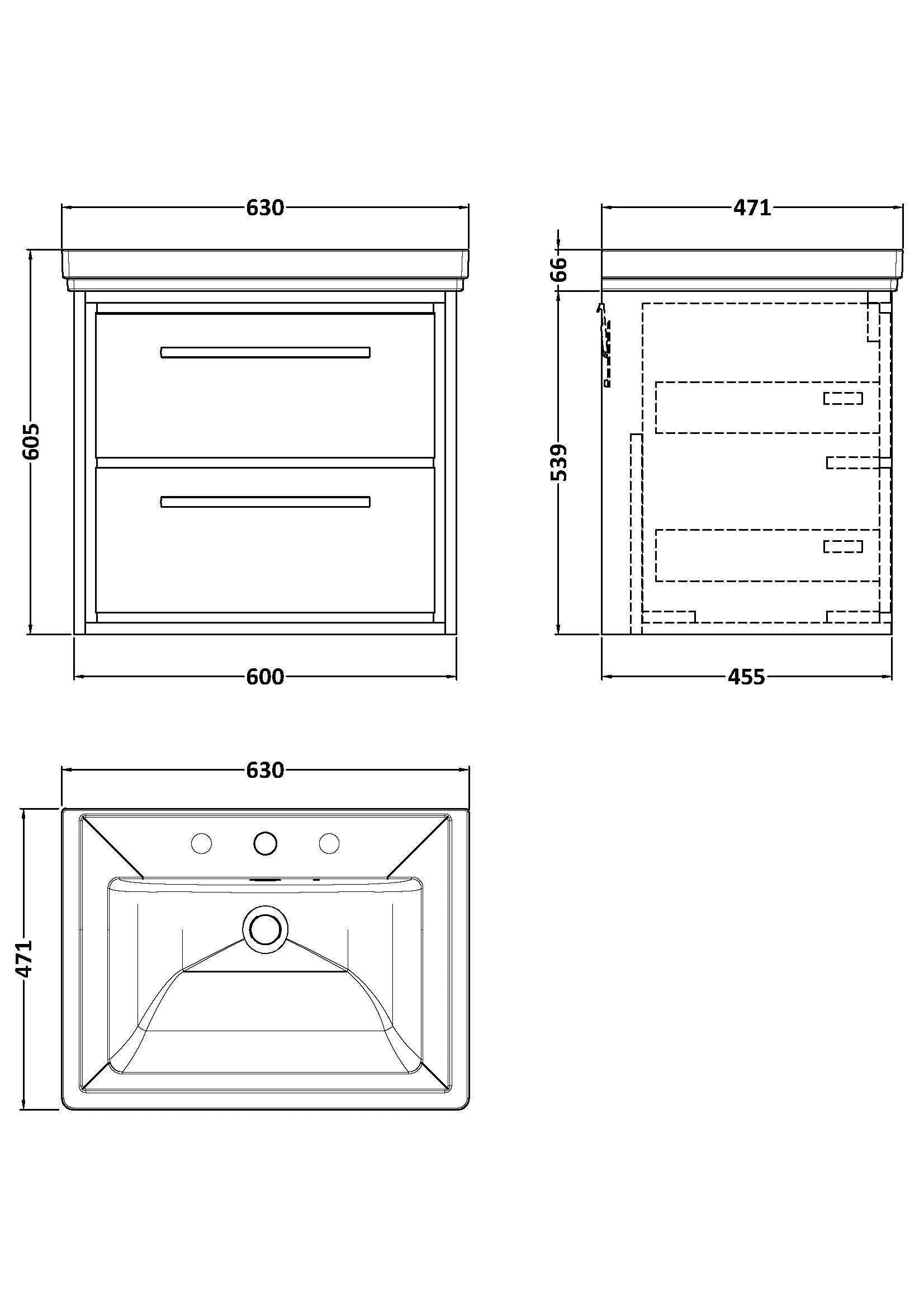 Longnor 2 Drawer Wall Hung Vanity Basin Unit with 3 Tap Hole Traditional Fireclay Basin, Choice of Size and Colour - Image 3