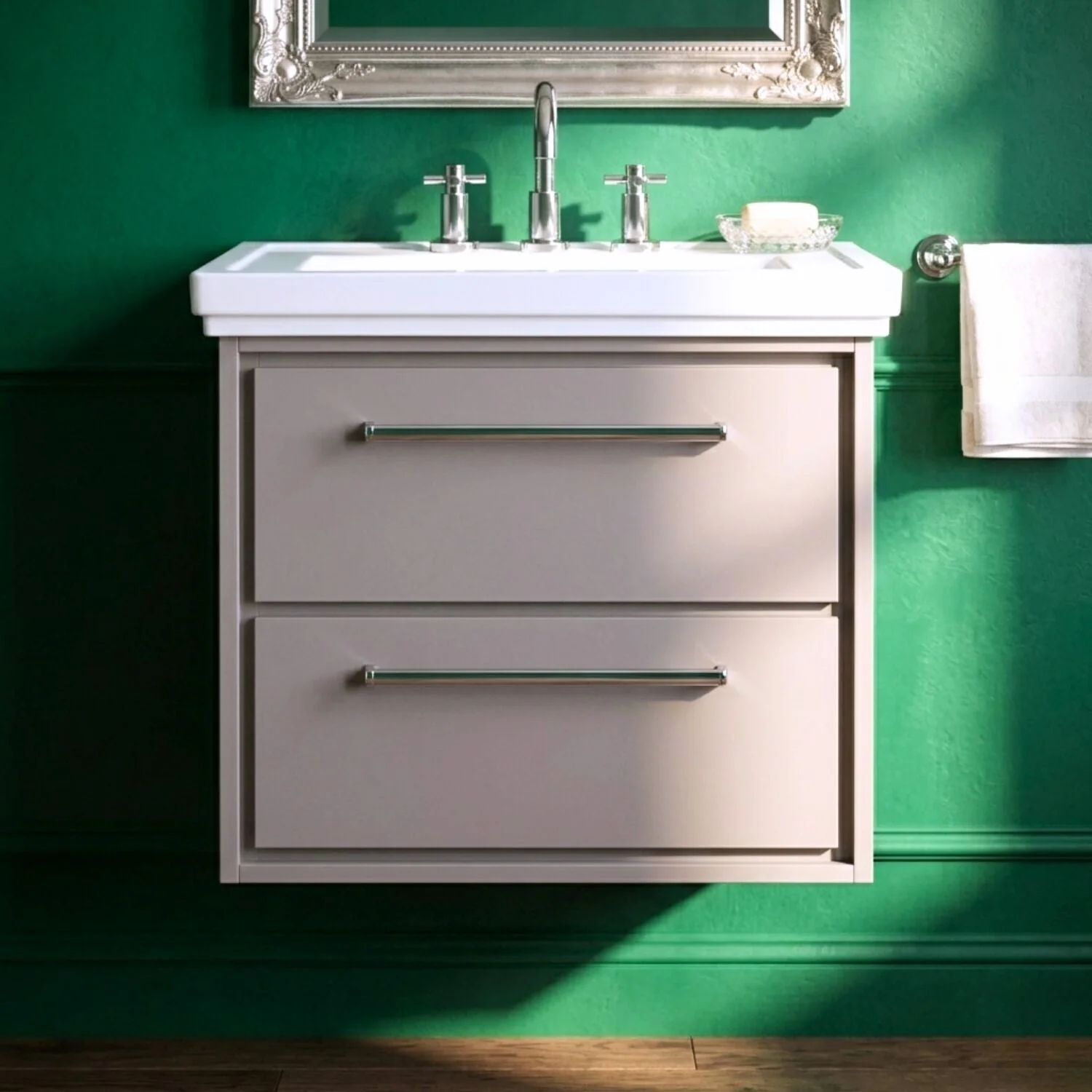 Longnor 2 Drawer Wall Hung Vanity Basin Unit with 3 Tap Hole Traditional Fireclay Basin, Choice of Size and Colour - Image 4