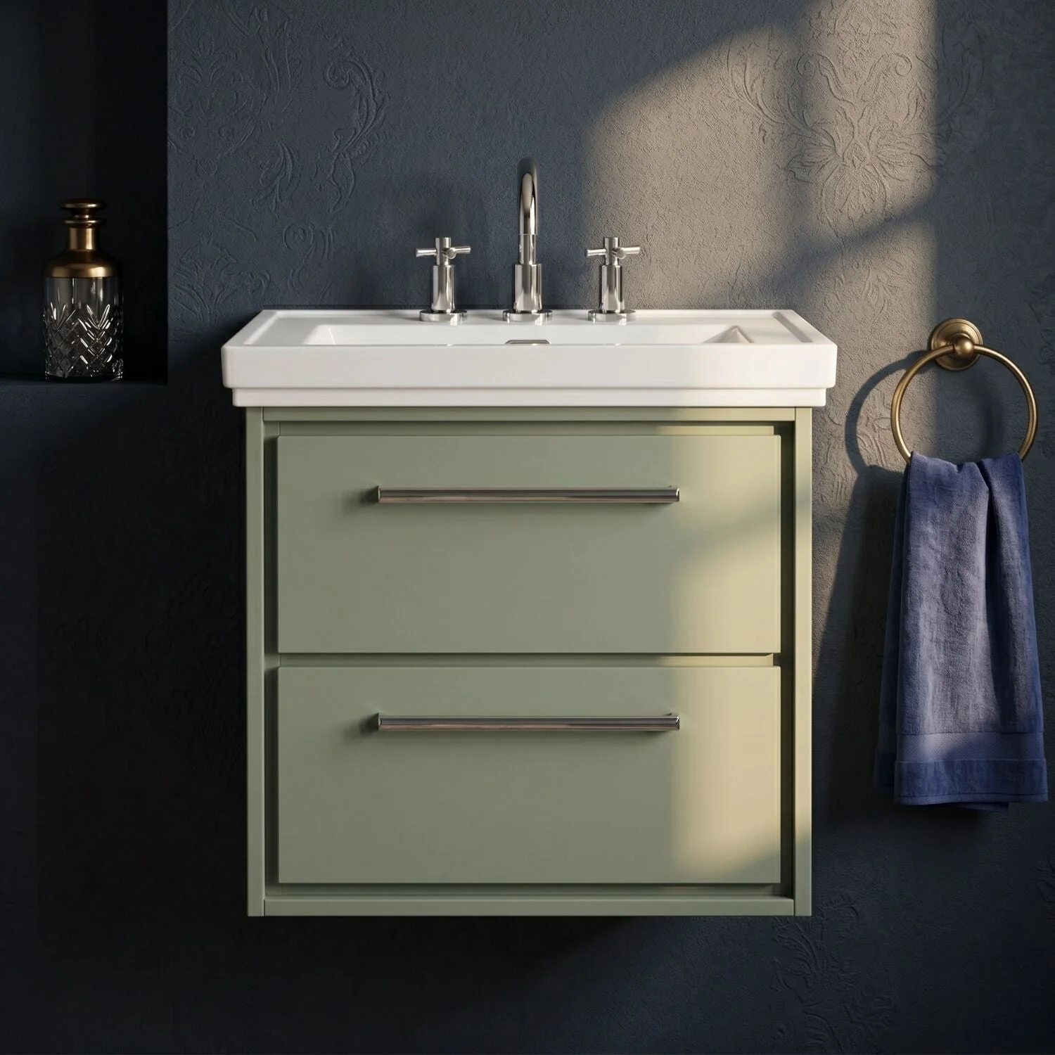 Longnor 2 Drawer Wall Hung Vanity Basin Unit with 3 Tap Hole Traditional Fireclay Basin, Choice of Size and Colour - Image 7