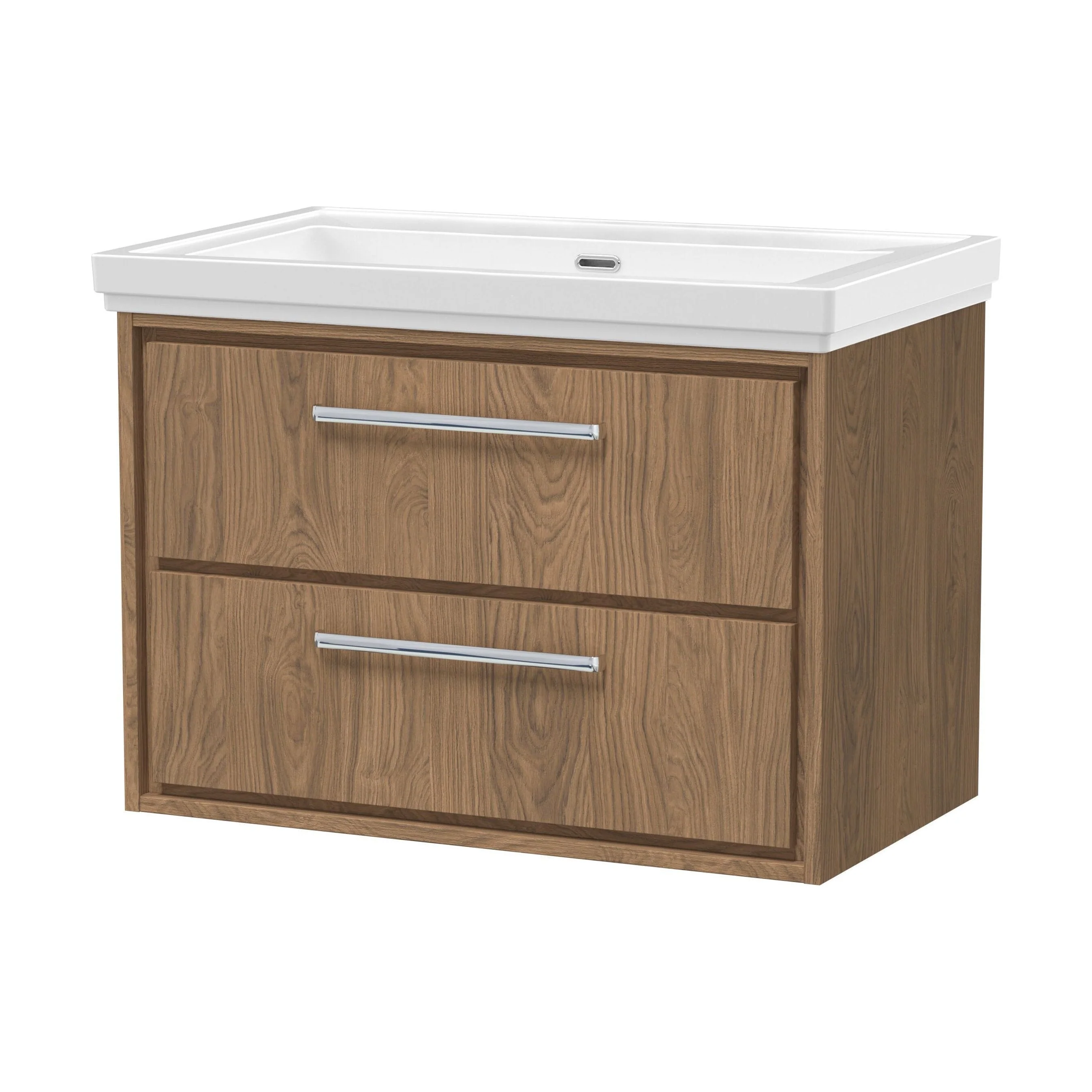 Longnor 2 Drawer Wall Hung Vanity Unit with 0 Tap Hole Traditional Fireclay Basin, Antique Oak, 800mm