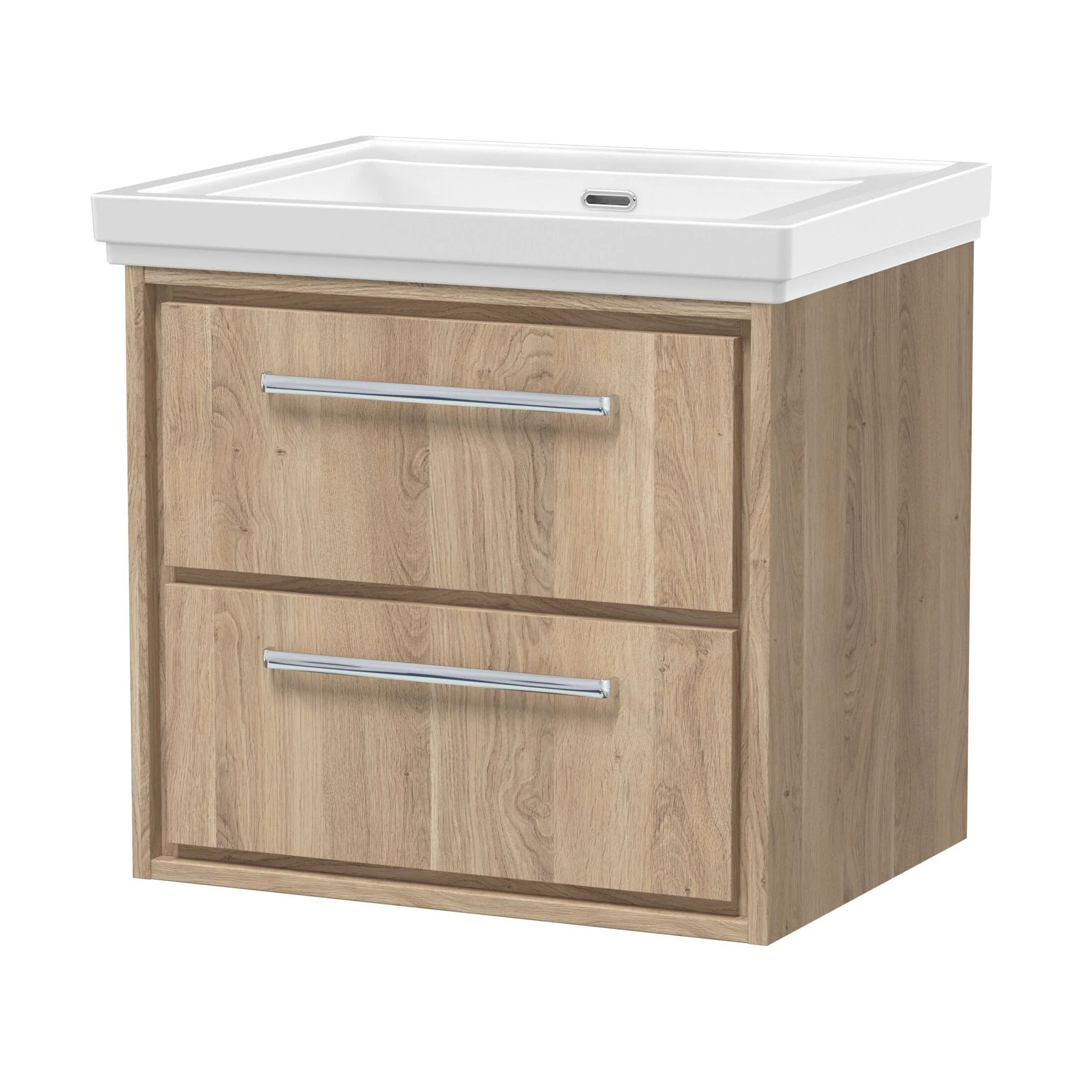 Longnor 2 Drawer Wall Hung Vanity Unit with 0 Tap Hole Traditional Fireclay Basin, Light Oak, 600mm