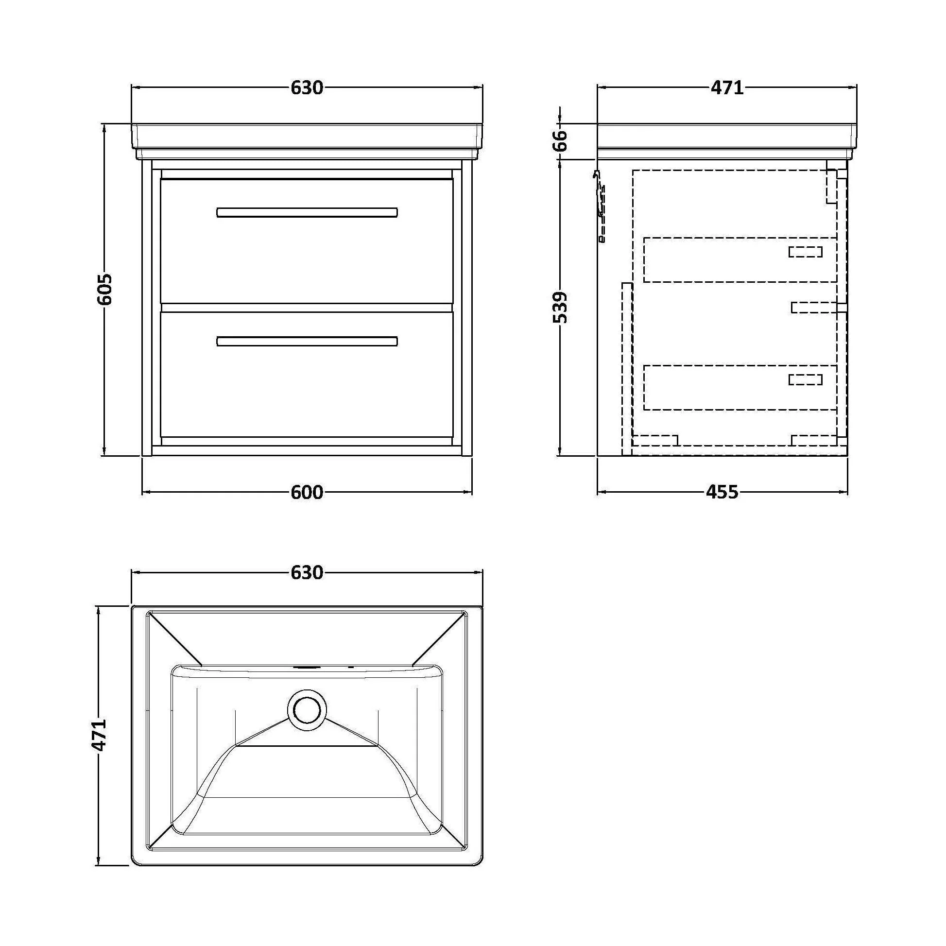 Longnor 2 Drawer Wall Hung Vanity Unit with 0 Tap Hole Traditional Fireclay Basin, Light Oak, 600mm - Image 2