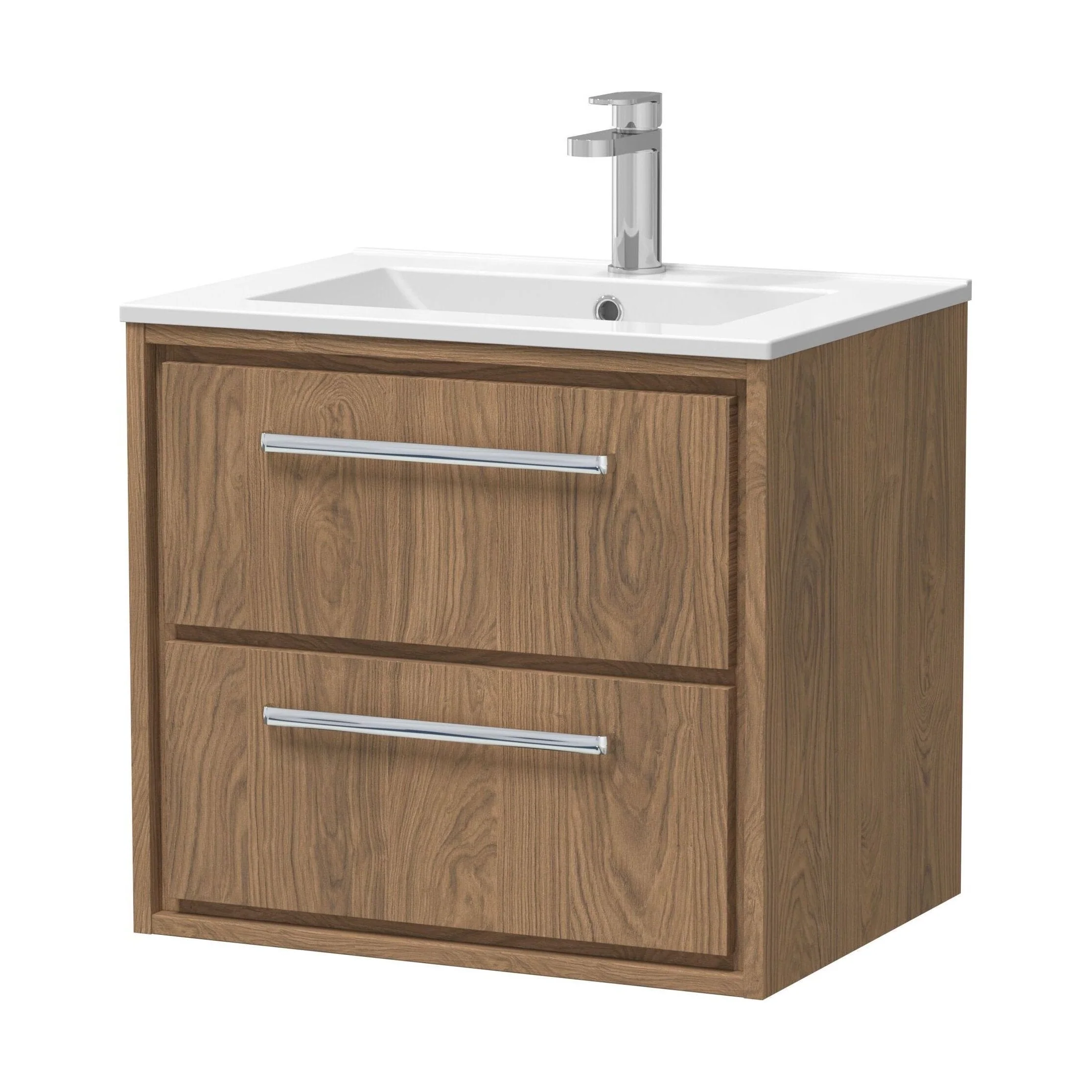 Longnor 2 Drawer Wall Hung Vanity Unit with 1 Tap Hole Minimalist Basin, Antique Oak, 600mm