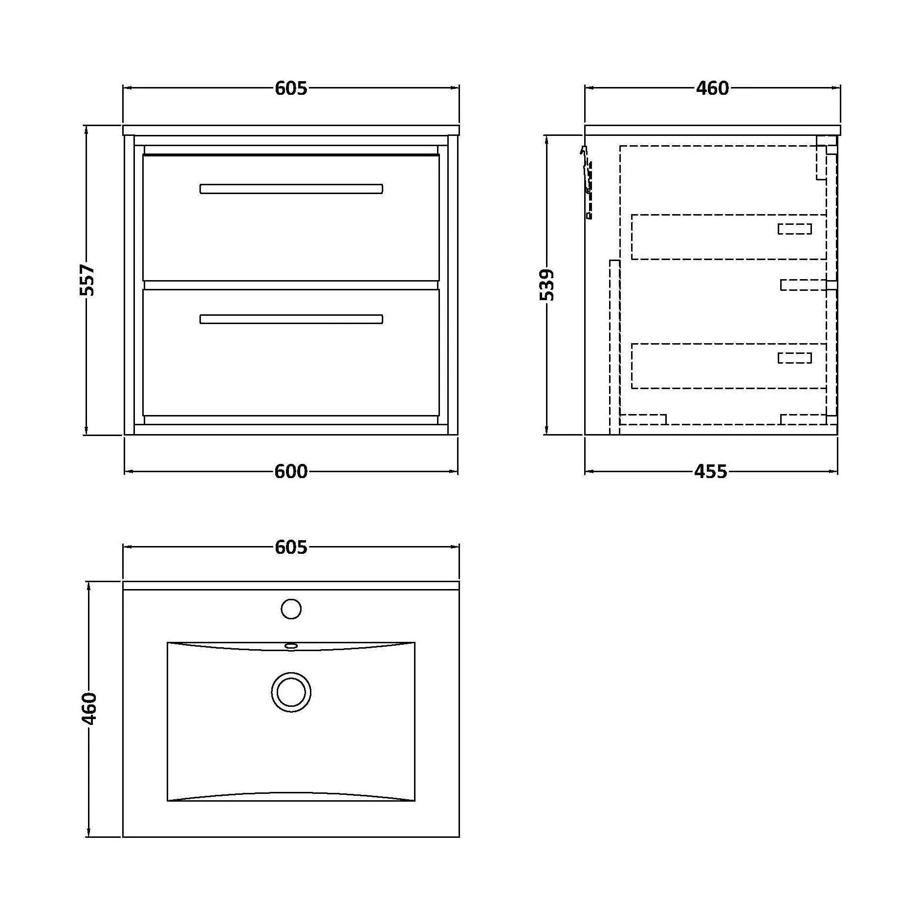 Longnor 2 Drawer Wall Hung Vanity Unit with 1 Tap Hole Minimalist Basin, Antique Oak, 600mm - Image 2