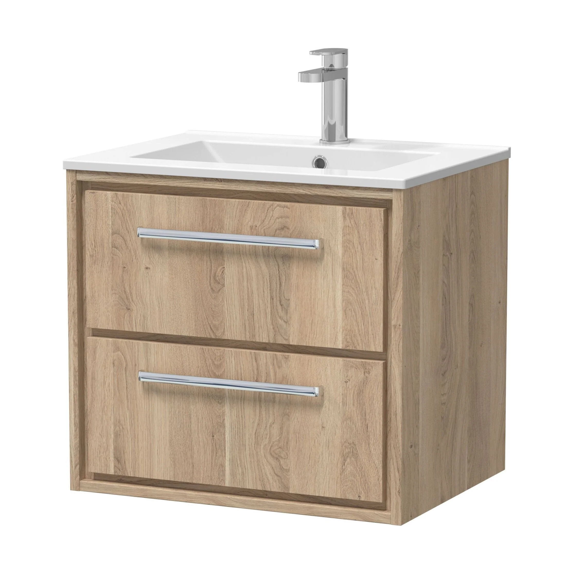 Longnor 2 Drawer Wall Hung Vanity Unit with 1 Tap Hole Minimalist Basin, Light Oak, 600mm