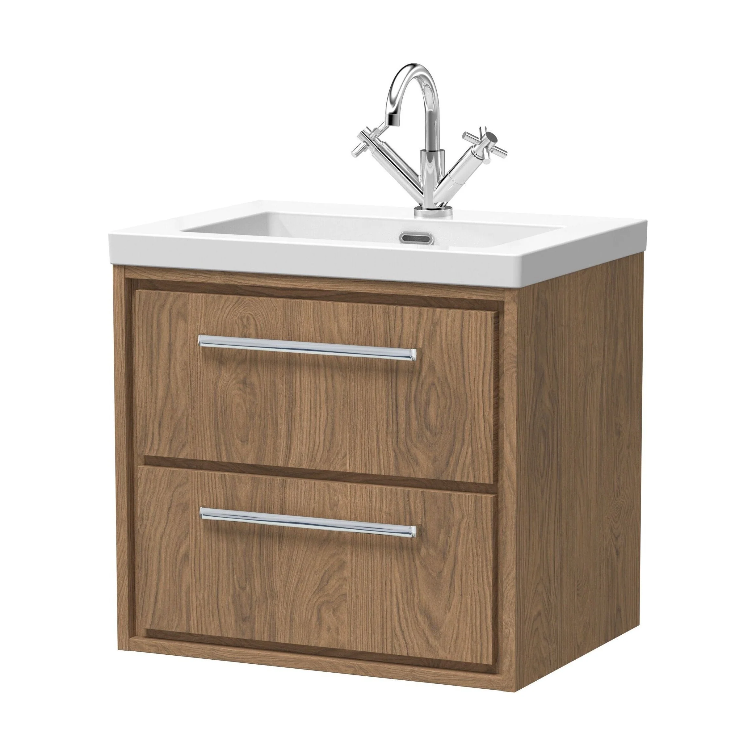 Longnor 2 Drawer Wall Hung Vanity Unit with 1 Tap Hole Modern Fireclay Basin, Antique Oak, 600mm