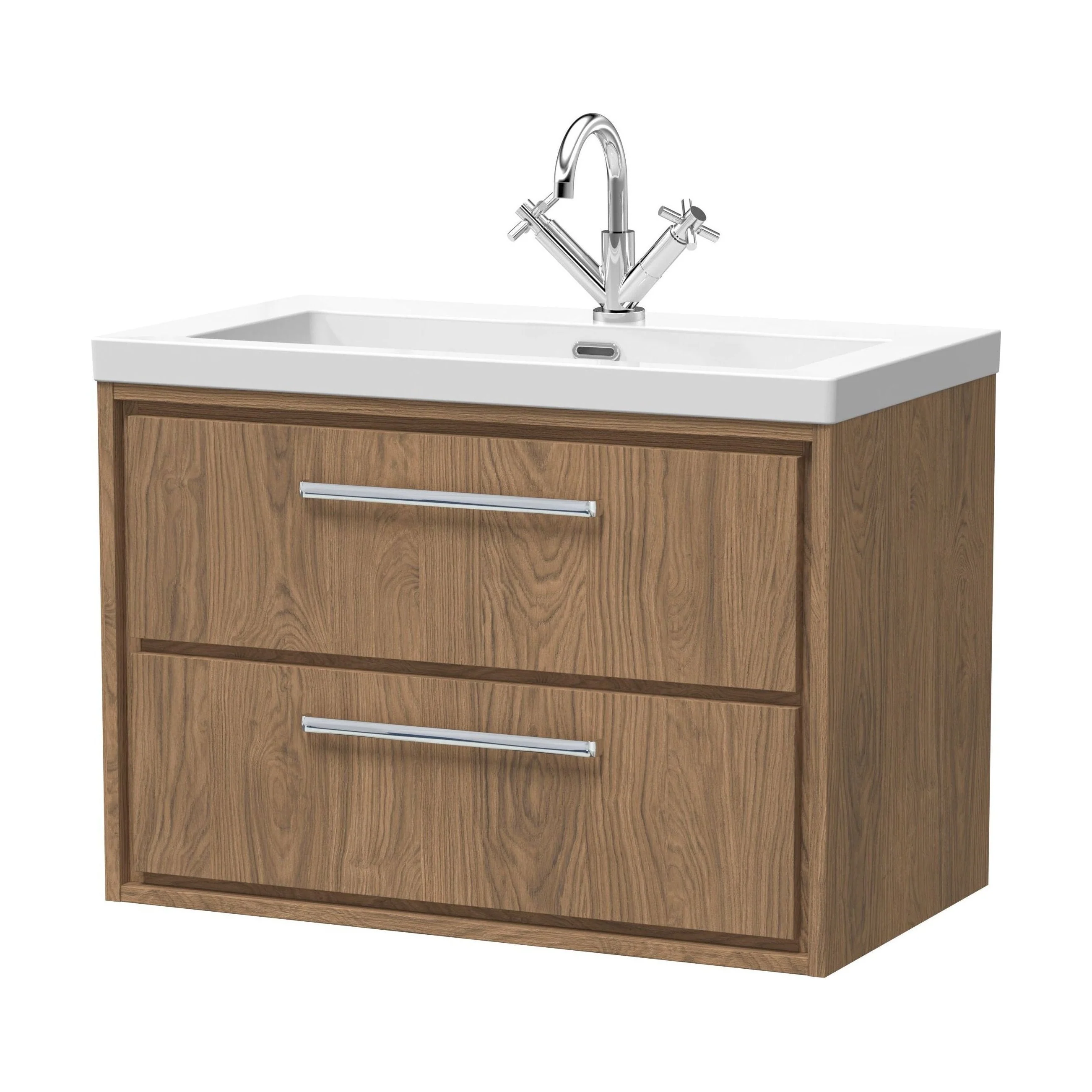 Longnor 2 Drawer Wall Hung Vanity Unit with 1 Tap Hole Modern Fireclay Basin, Antique Oak, 800mm