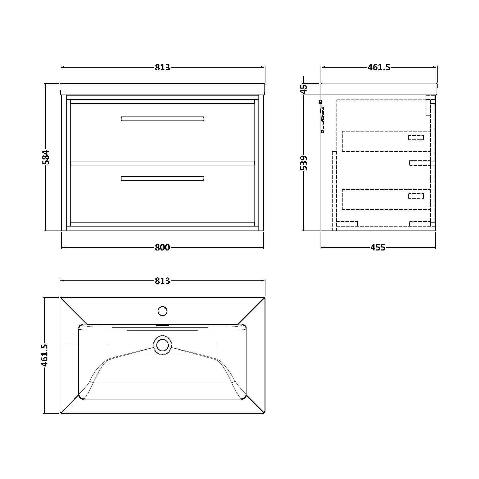 Longnor 2 Drawer Wall Hung Vanity Unit with 1 Tap Hole Modern Fireclay Basin, Antique Oak, 800mm - Image 2