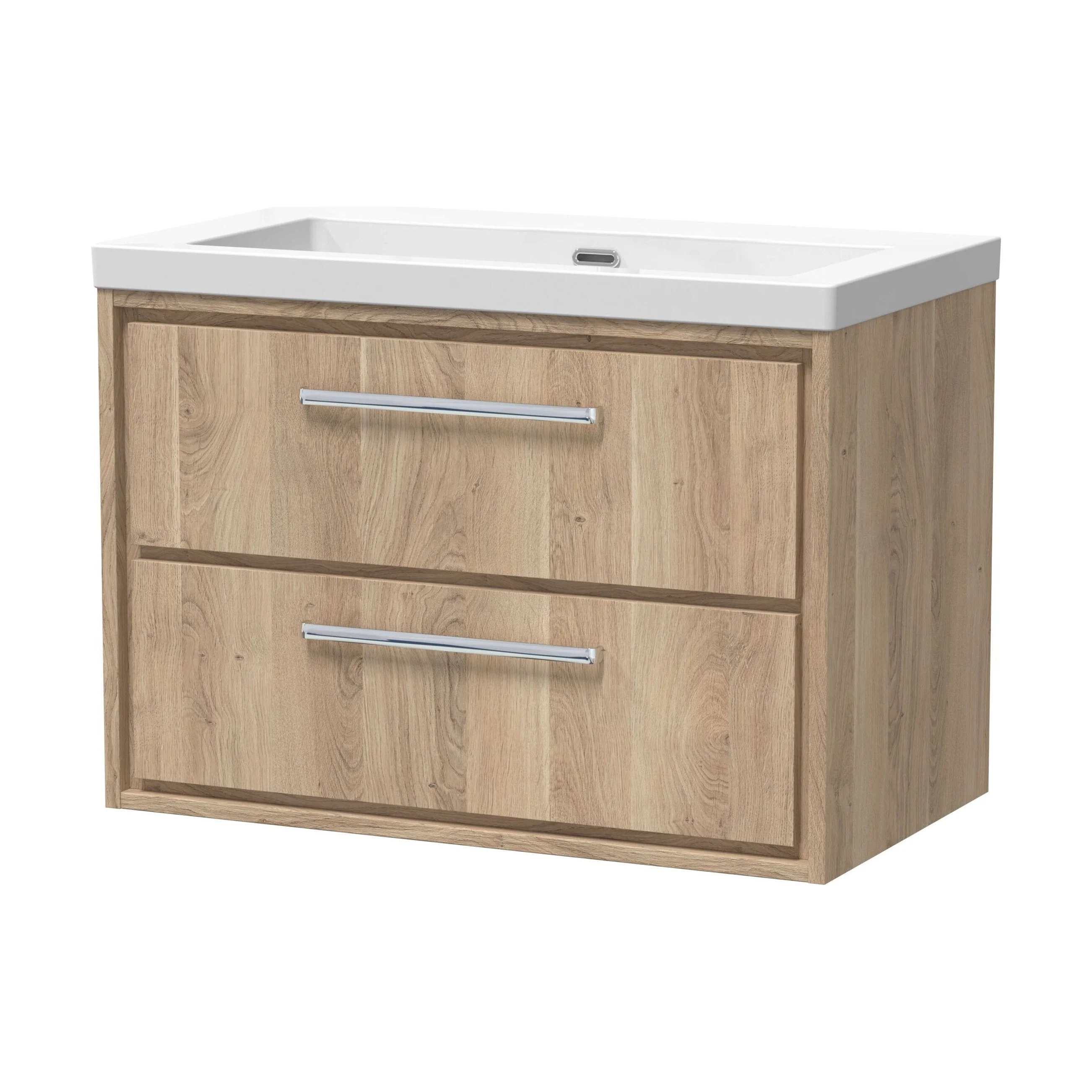 Longnor 2 Drawer Wall Hung Vanity Unit with 1 Tap Hole Modern Fireclay Basin, Light Oak, 800mm