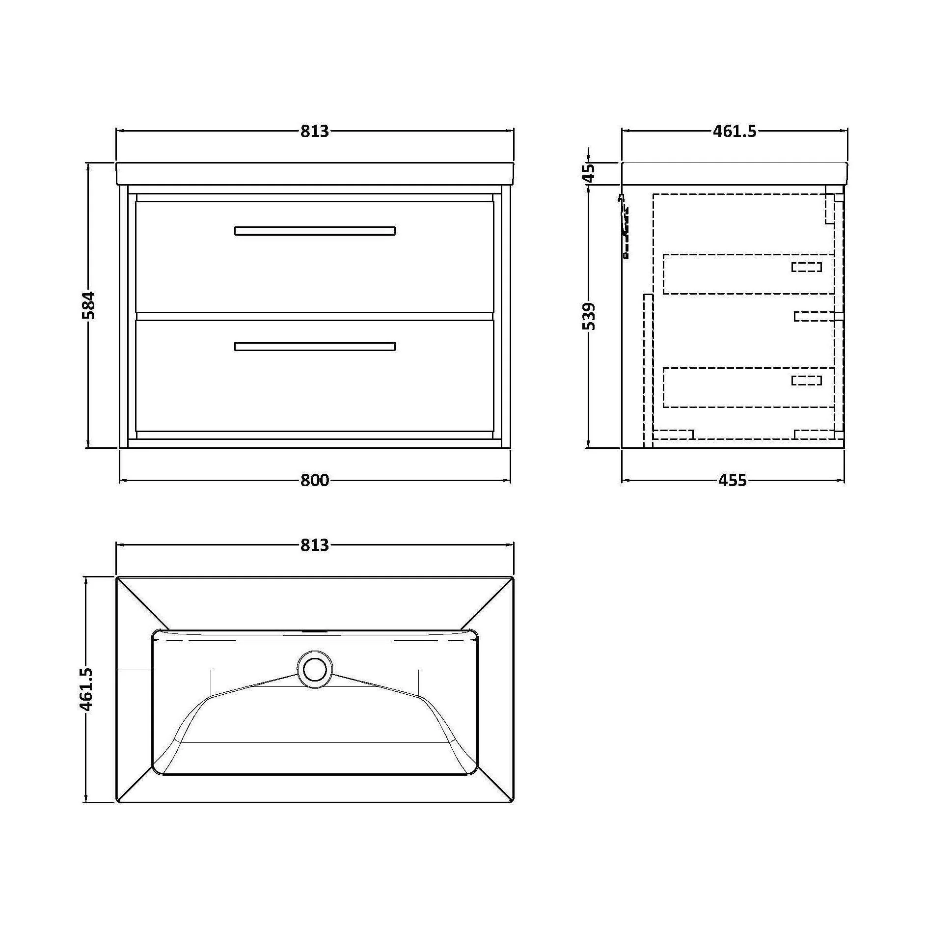 Longnor 2 Drawer Wall Hung Vanity Unit with 1 Tap Hole Modern Fireclay Basin, Light Oak, 800mm - Image 2