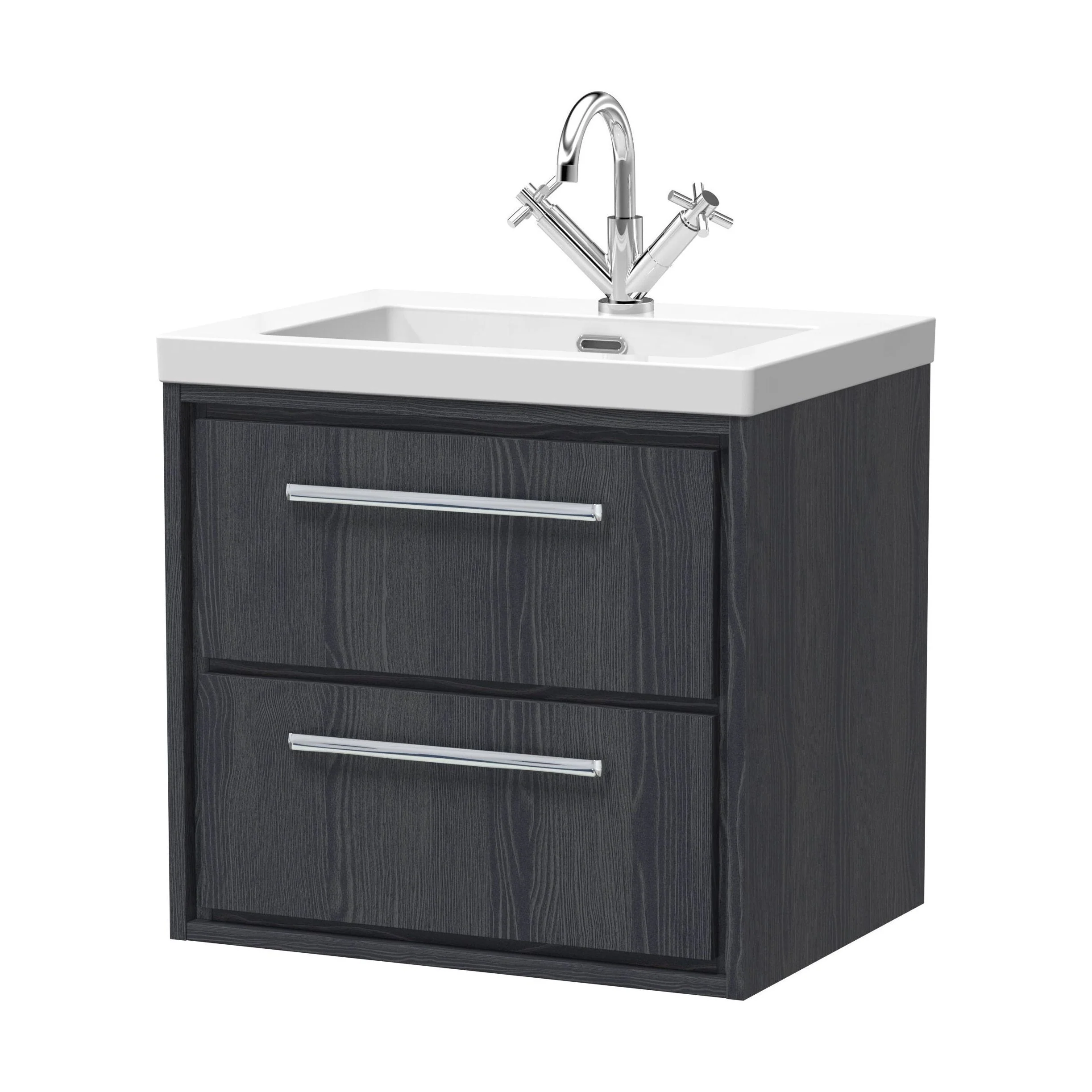 Longnor 2 Drawer Wall Hung Vanity Unit with 1 Tap Hole Modern Fireclay Basin, Woodgrain Graphite Grey, 600mm