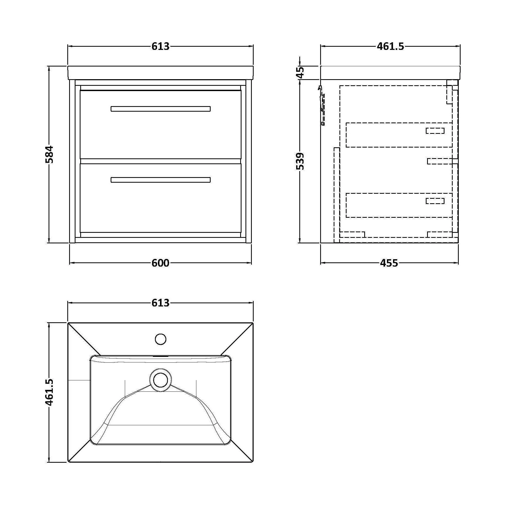 Longnor 2 Drawer Wall Hung Vanity Unit with 1 Tap Hole Modern Fireclay Basin, Woodgrain Graphite Grey, 600mm - Image 2