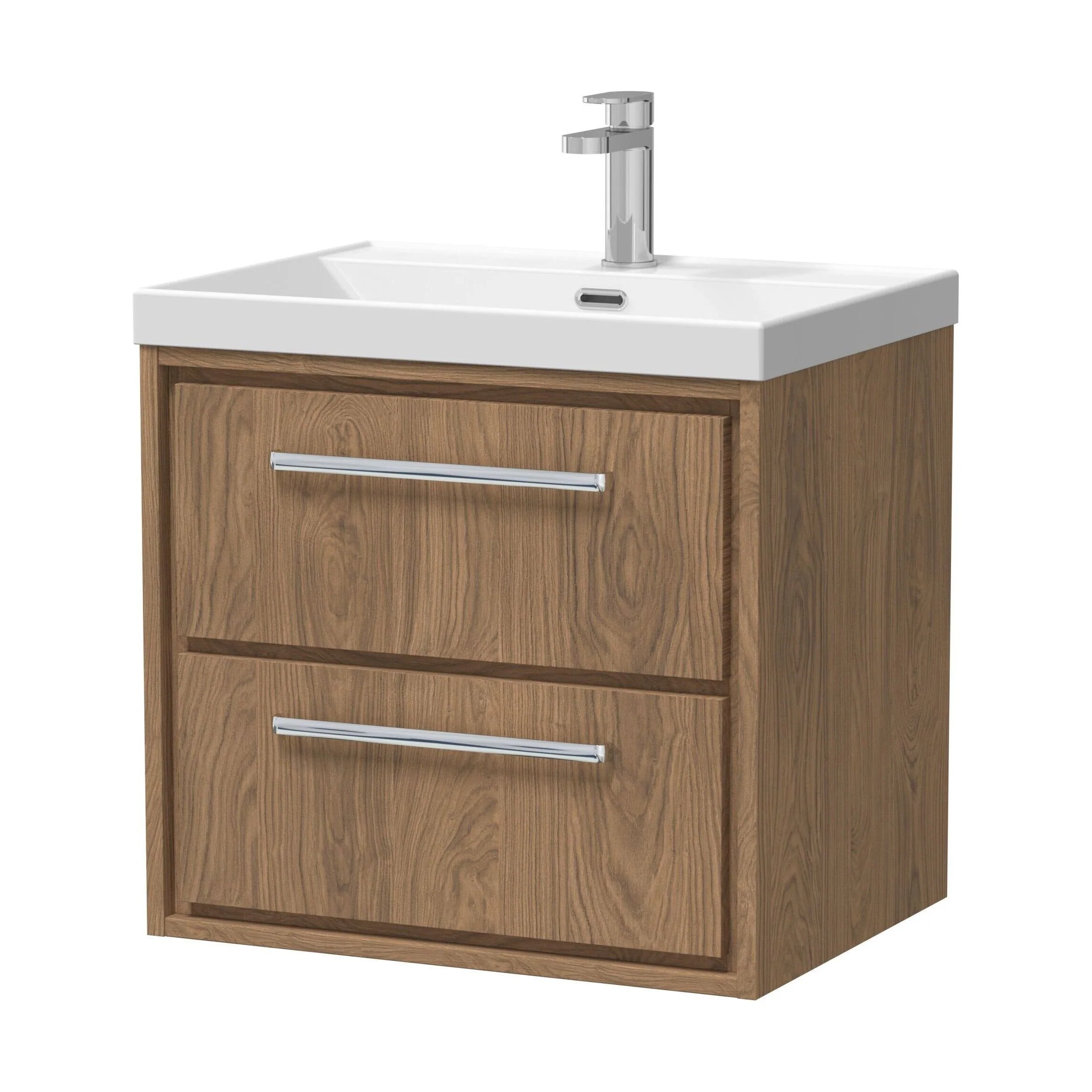 Longnor 2 Drawer Wall Hung Vanity Unit with 1 Tap Hole Thin Edge Basin, Antique Oak, 600mm