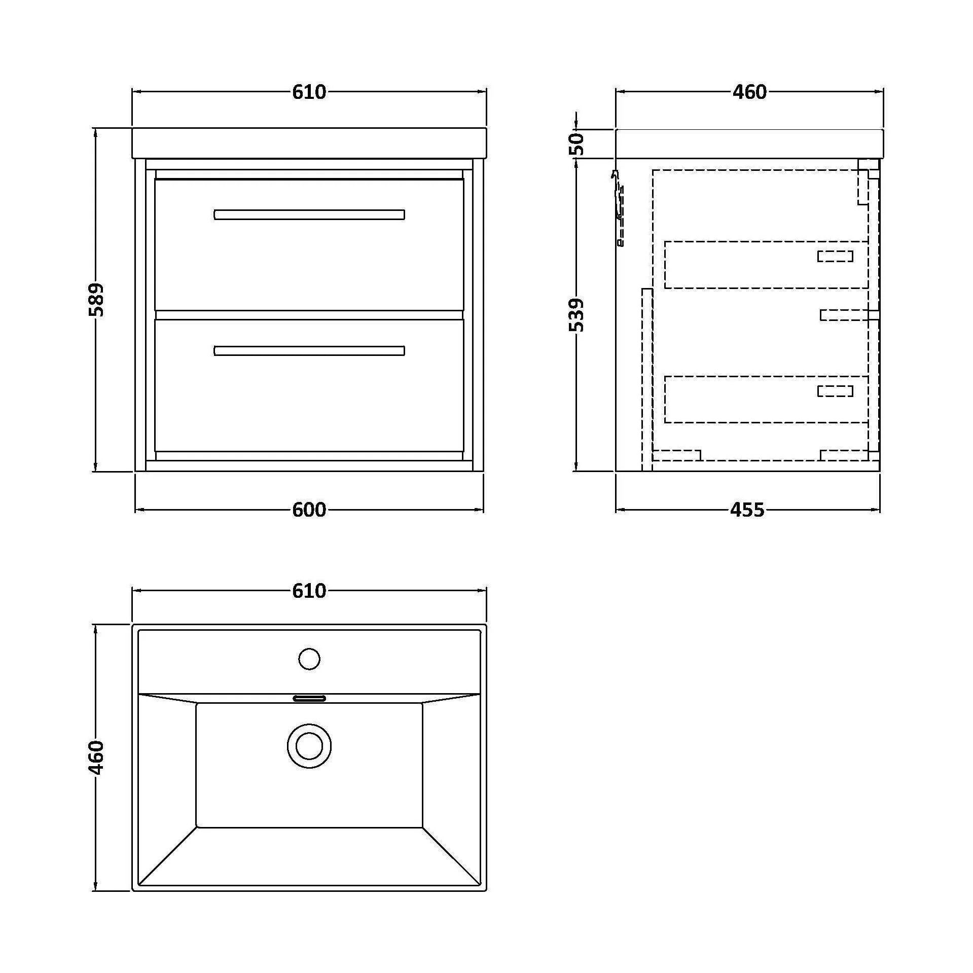 Longnor 2 Drawer Wall Hung Vanity Unit with 1 Tap Hole Thin Edge Basin, Antique Oak, 600mm - Image 2