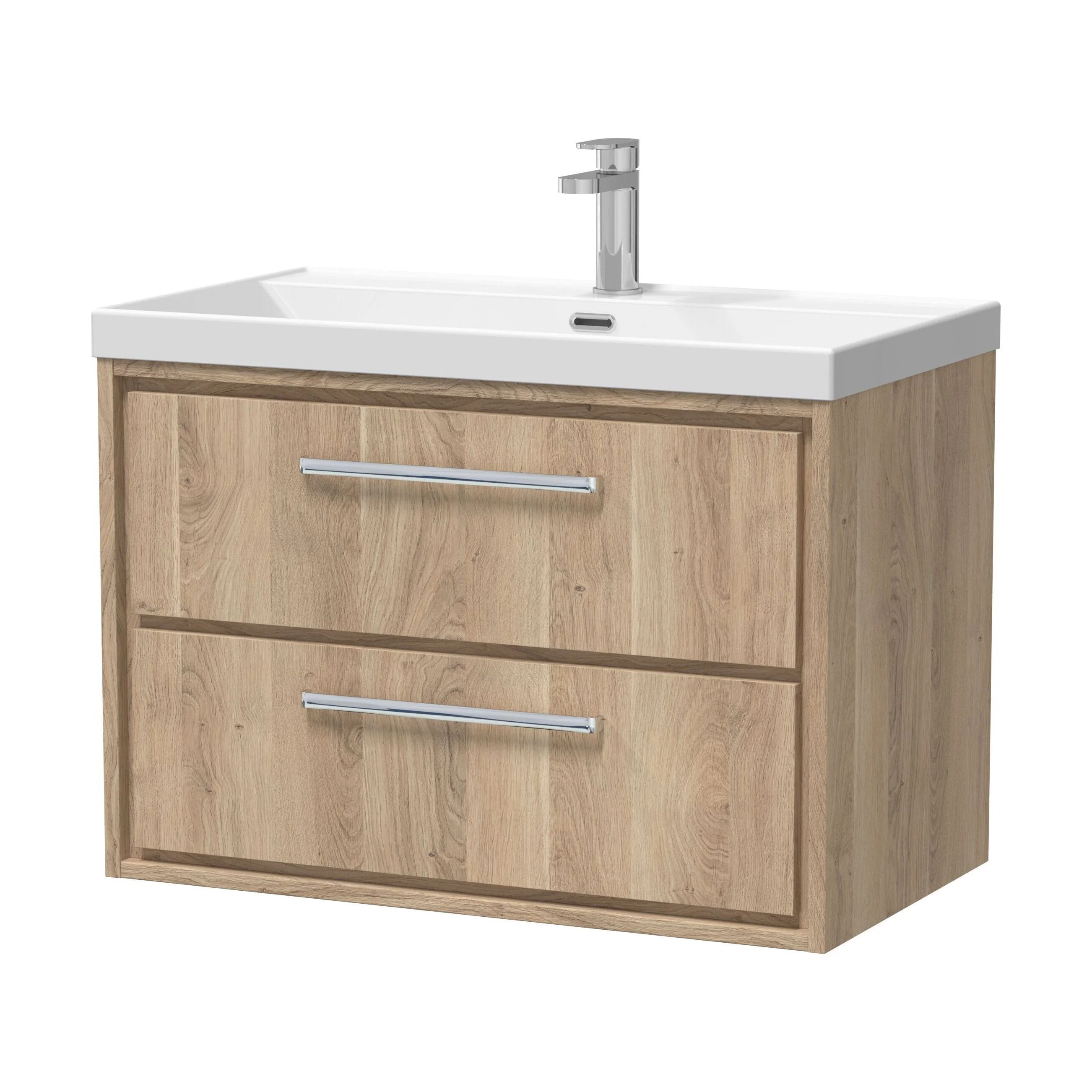 Longnor 2 Drawer Wall Hung Vanity Unit with 1 Tap Hole Thin Edge Basin, Light Oak, 800mm