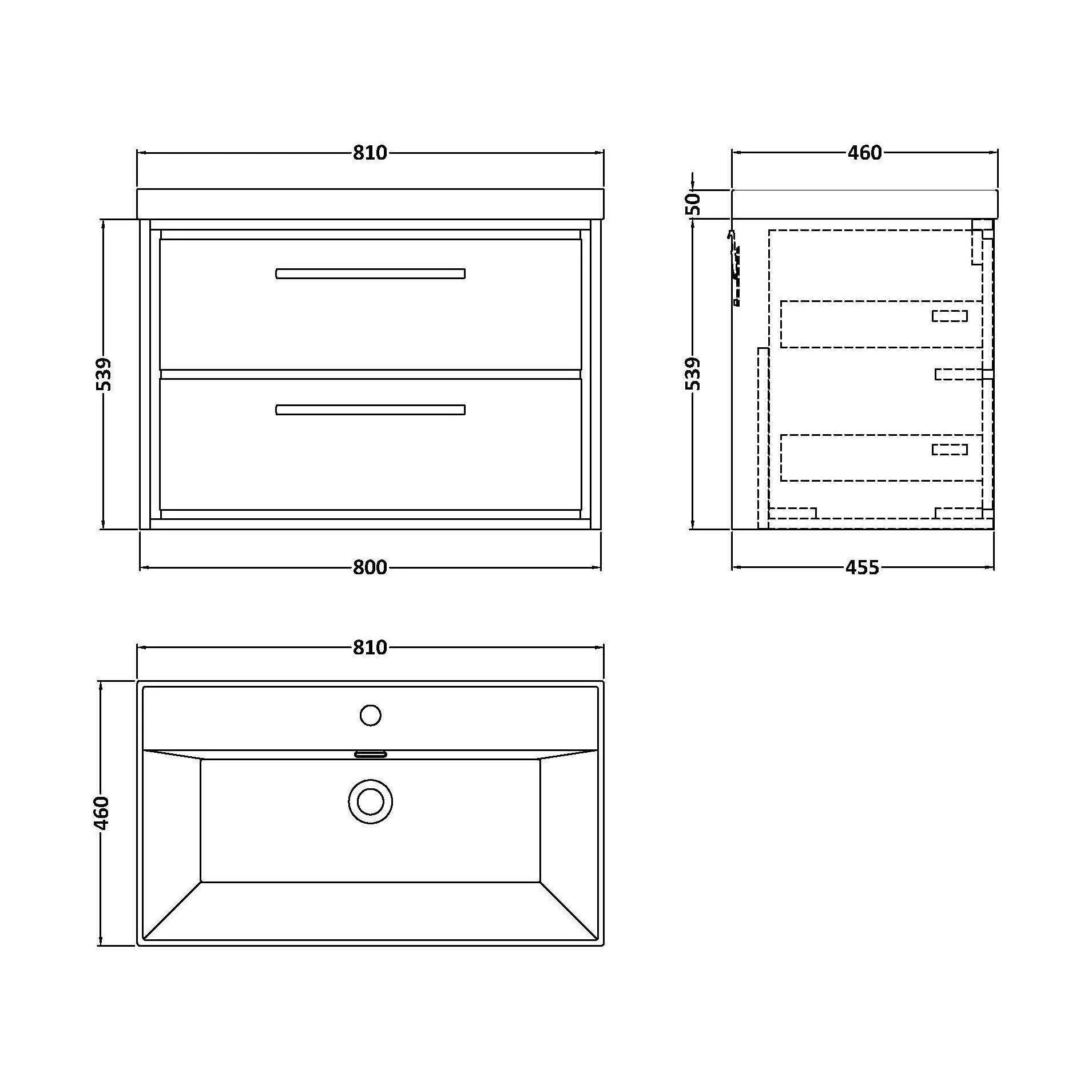 Longnor 2 Drawer Wall Hung Vanity Unit with 1 Tap Hole Thin Edge Basin, Light Oak, 800mm - Image 2