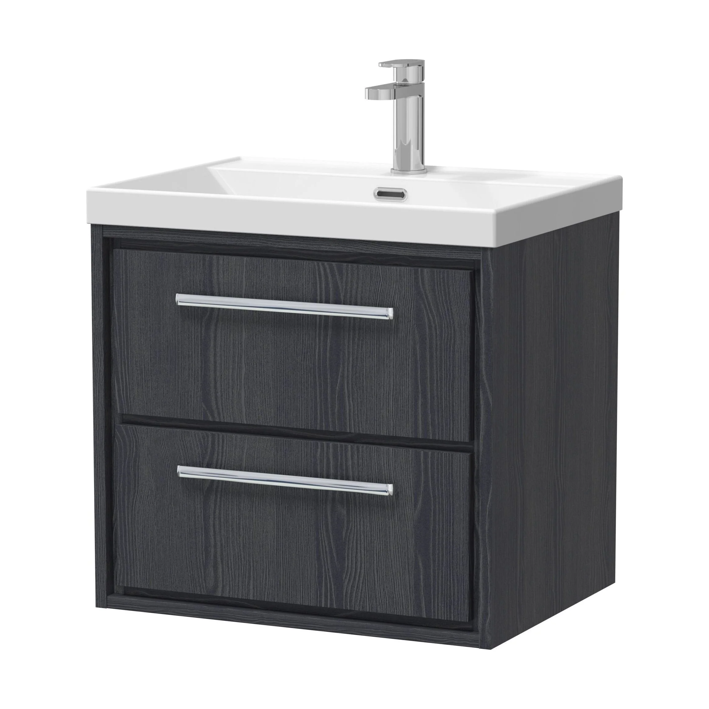 Longnor 2 Drawer Wall Hung Vanity Unit with 1 Tap Hole Thin Edge Basin, Woodgrain Graphite Grey, 600mm