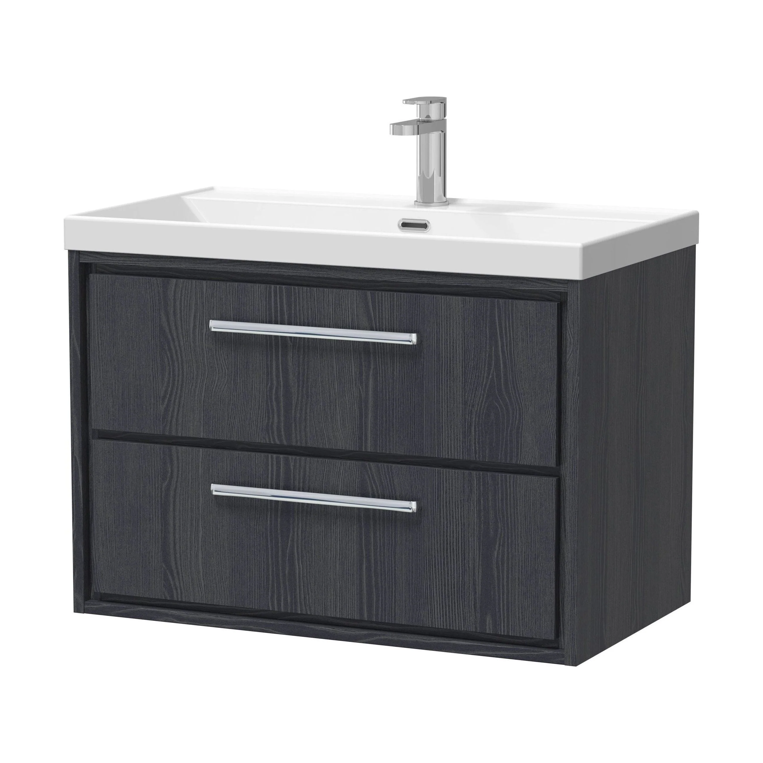 Longnor 2 Drawer Wall Hung Vanity Unit with 1 Tap Hole Thin Edge Basin, Woodgrain Graphite Grey, 800mm