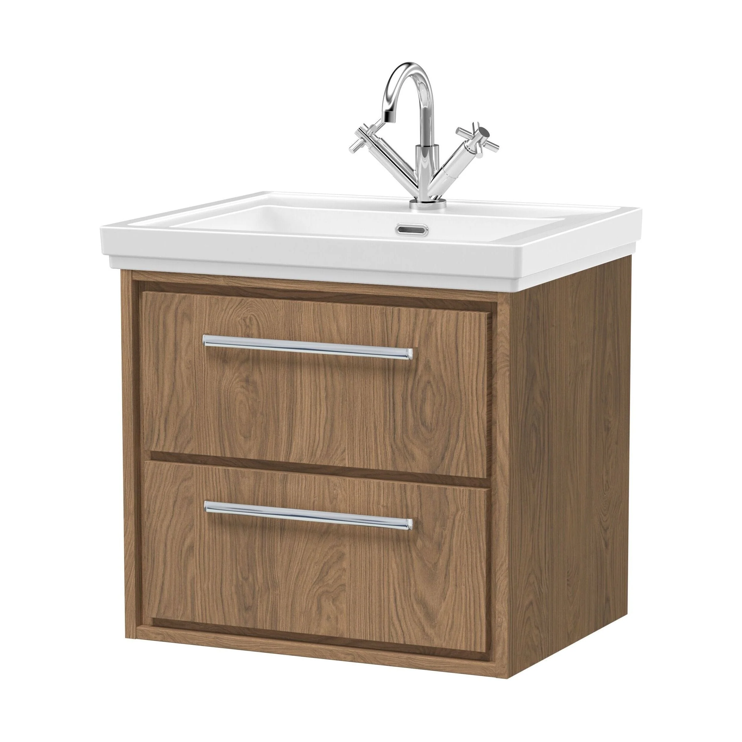 Longnor 2 Drawer Wall Hung Vanity Unit with 1 Tap Hole Traditional Fireclay Basin, Antique Oak, 600mm