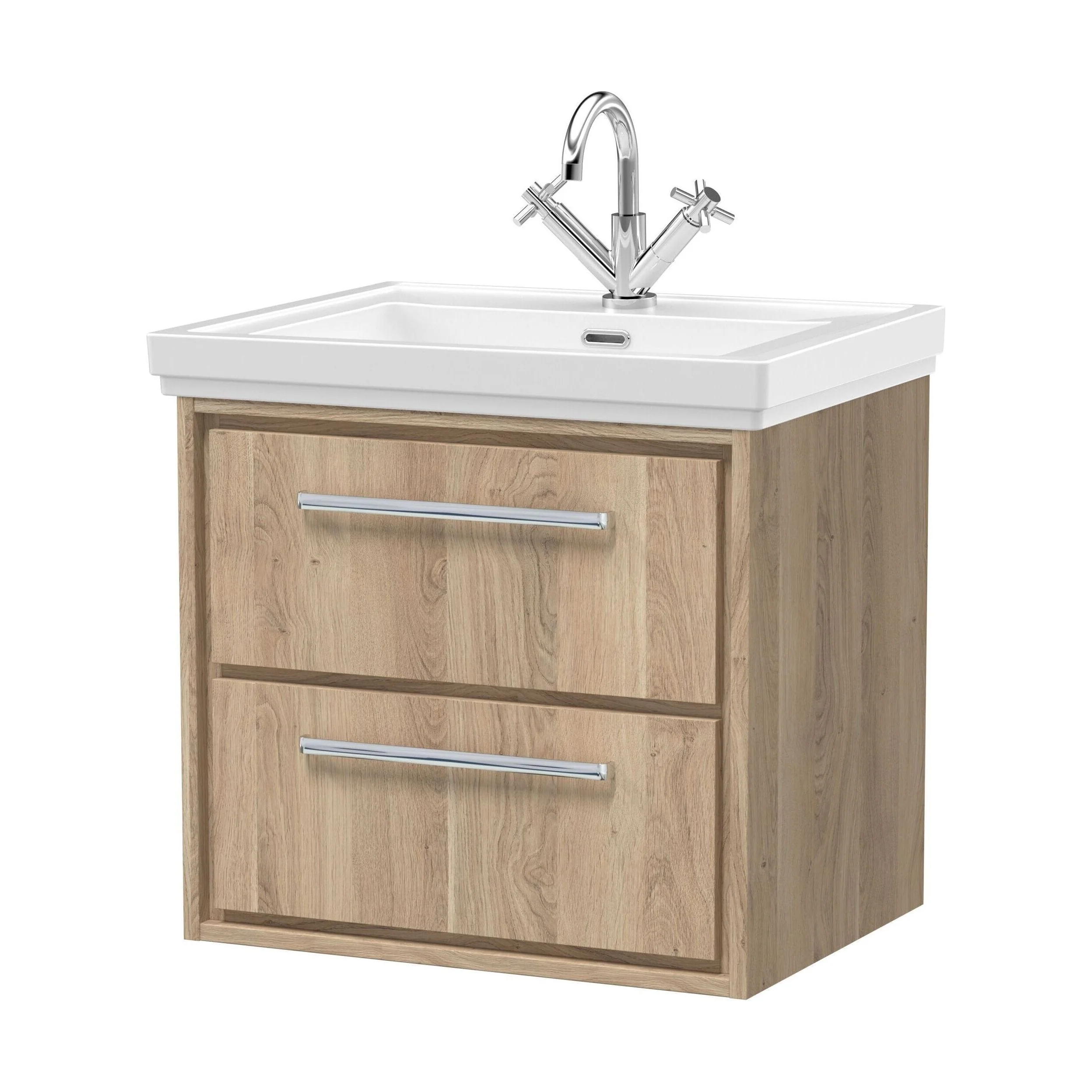 Longnor 2 Drawer Wall Hung Vanity Unit with 1 Tap Hole Traditional Fireclay Basin, Light Oak, 600mm