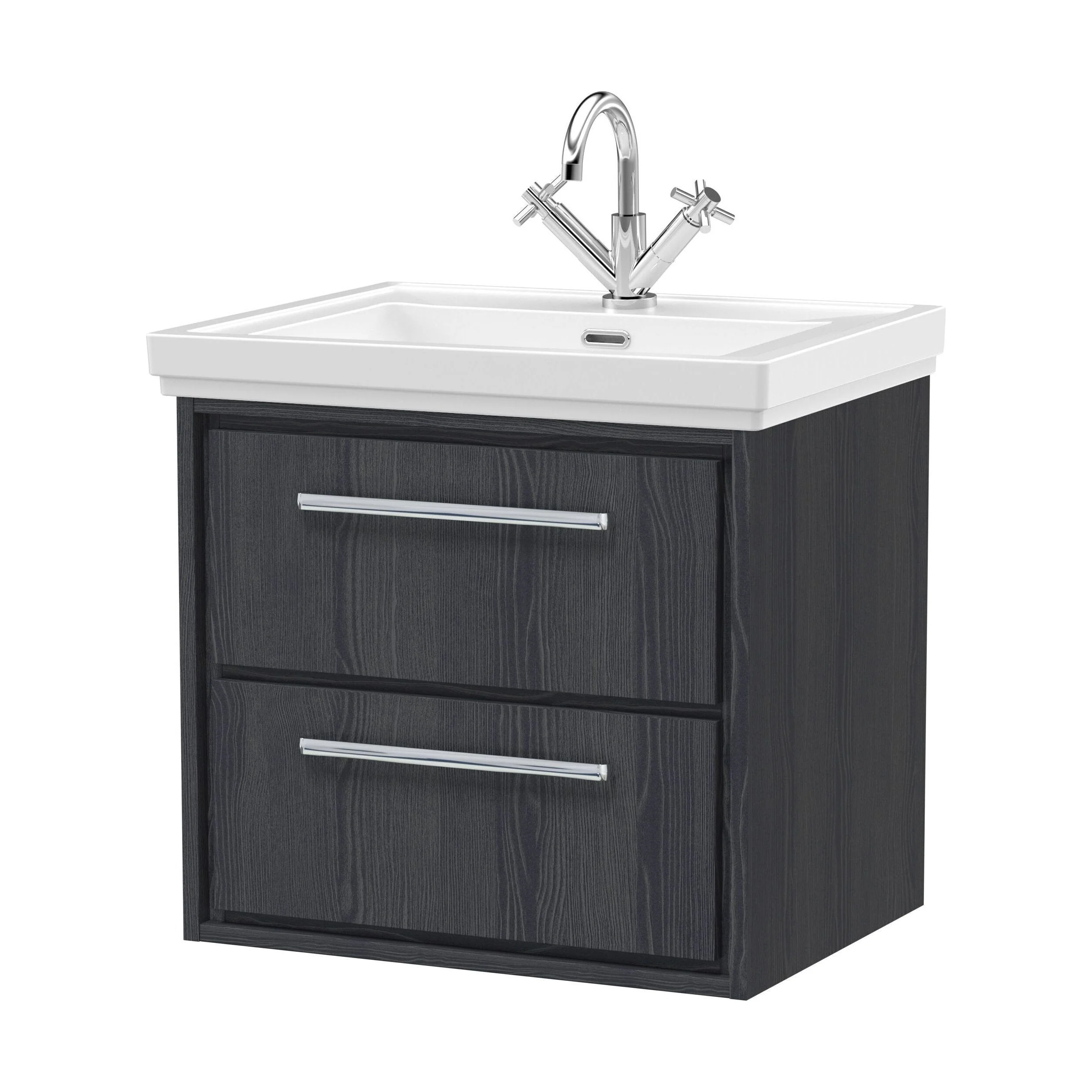 Longnor 2 Drawer Wall Hung Vanity Unit with 1 Tap Hole Traditional Fireclay Basin, Woodgrain Graphite Grey, 600mm