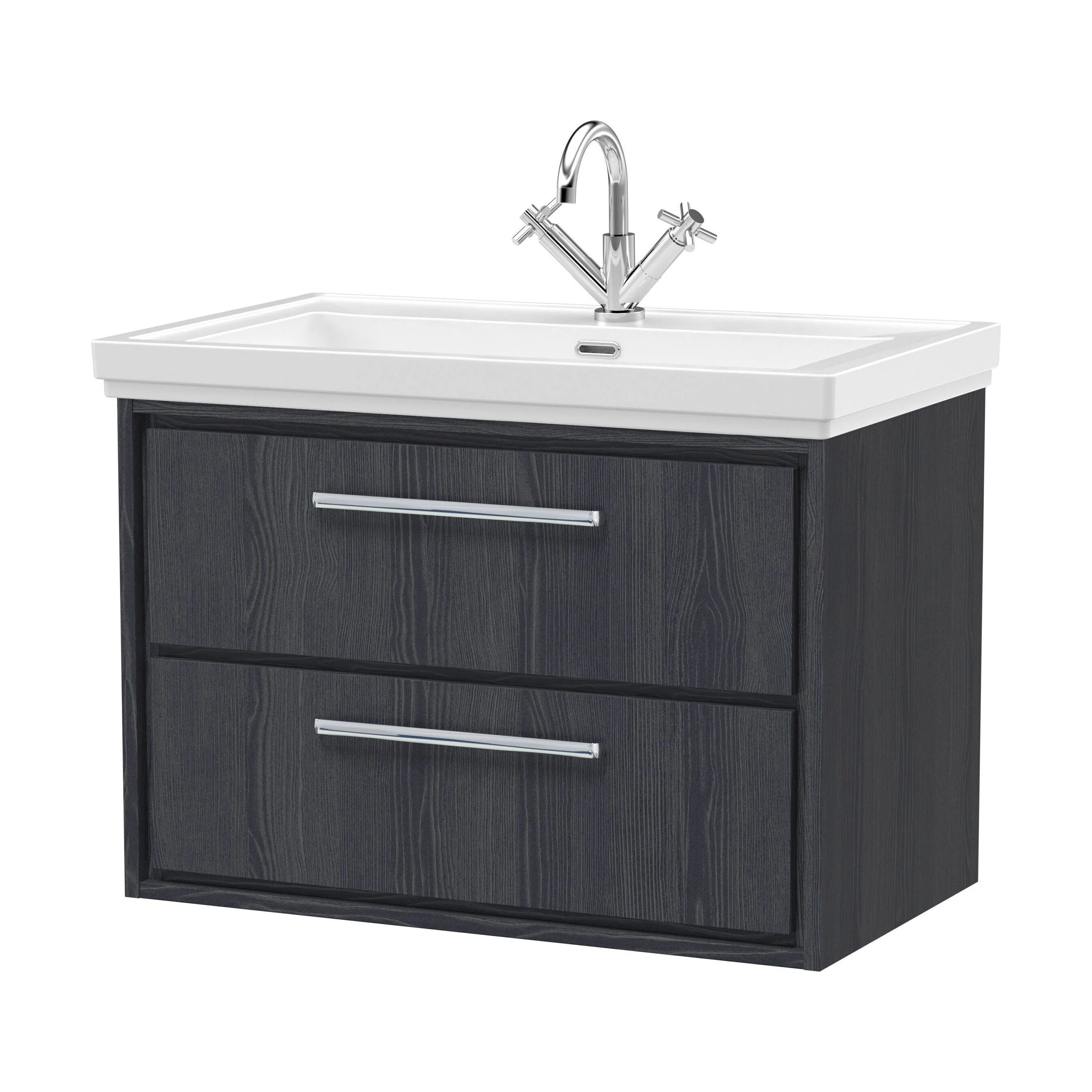 Longnor 2 Drawer Wall Hung Vanity Unit with 1 Tap Hole Traditional Fireclay Basin, Woodgrain Graphite Grey, 800mm