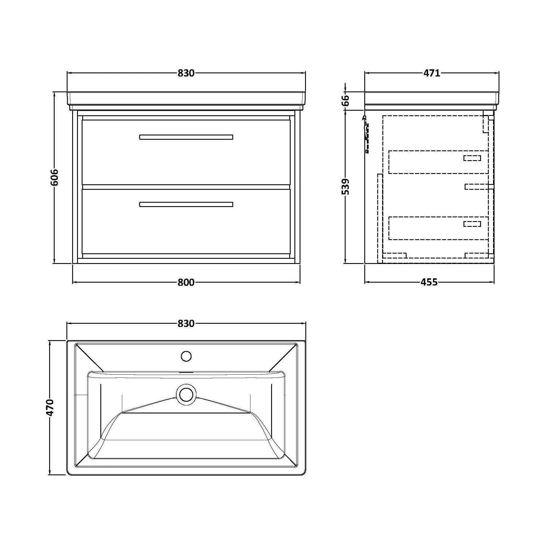 Longnor 2 Drawer Wall Hung Vanity Unit with 1 Tap Hole Traditional Fireclay Basin, Woodgrain Graphite Grey, 800mm - Image 2