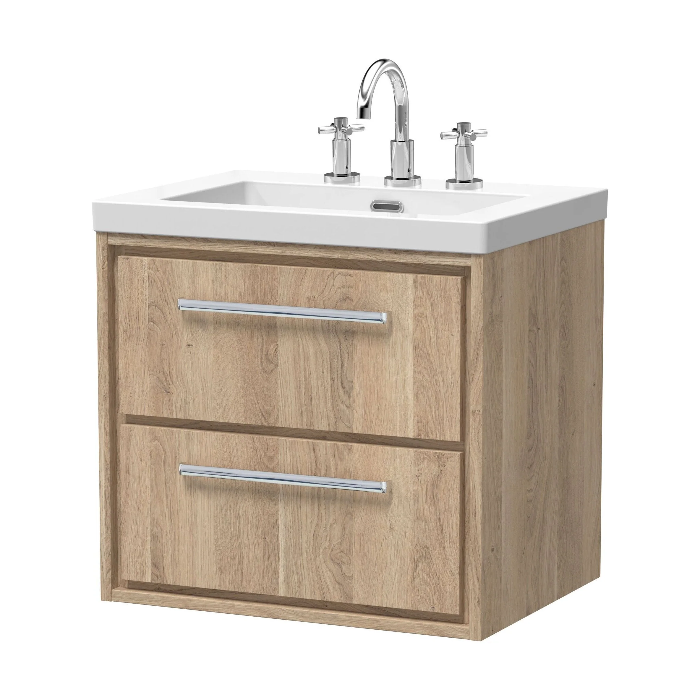 Longnor 2 Drawer Wall Hung Vanity Unit with 3 Tap Hole Modern Fireclay Basin, Light Oak, 600mm