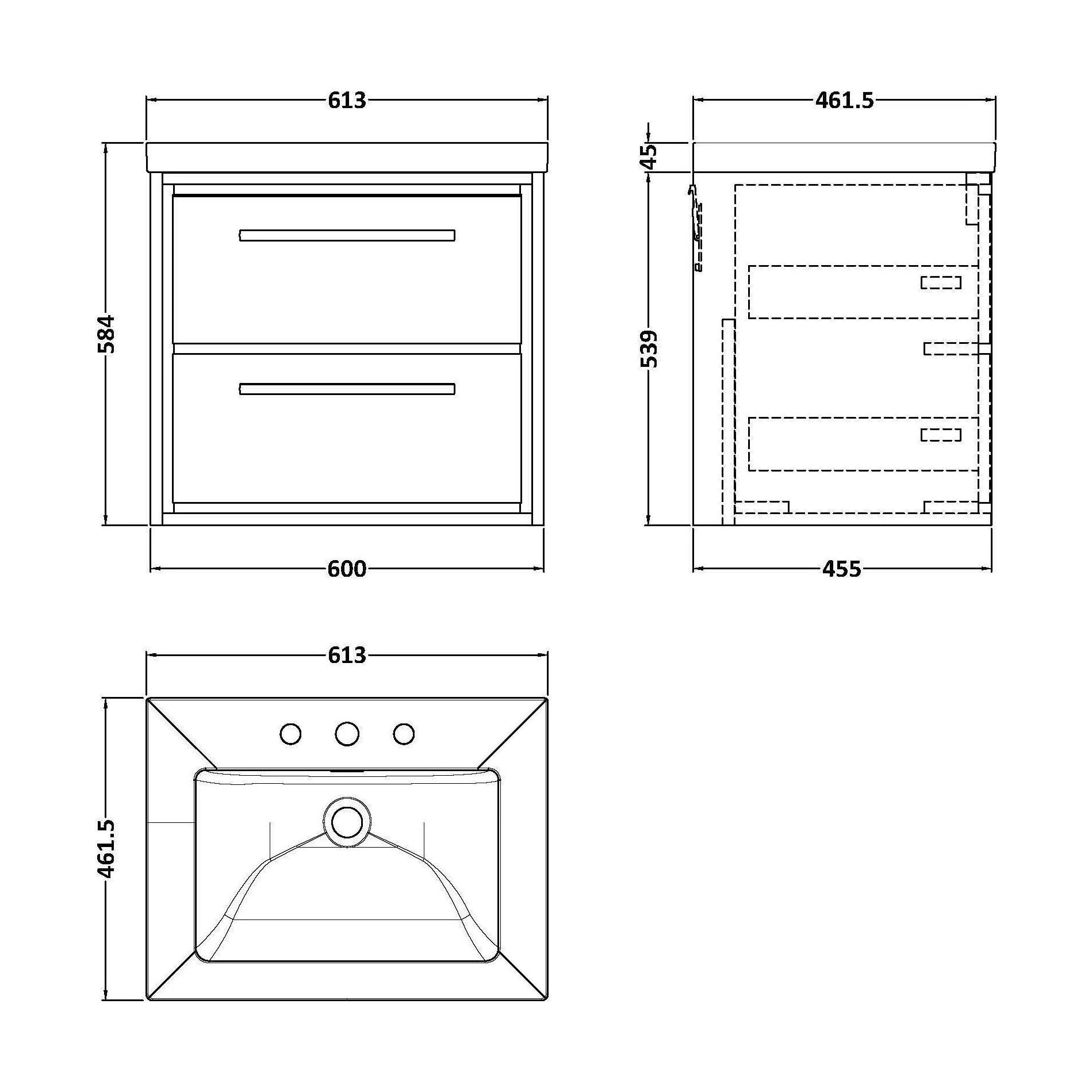 Longnor 2 Drawer Wall Hung Vanity Unit with 3 Tap Hole Modern Fireclay Basin, Light Oak, 600mm - Image 2