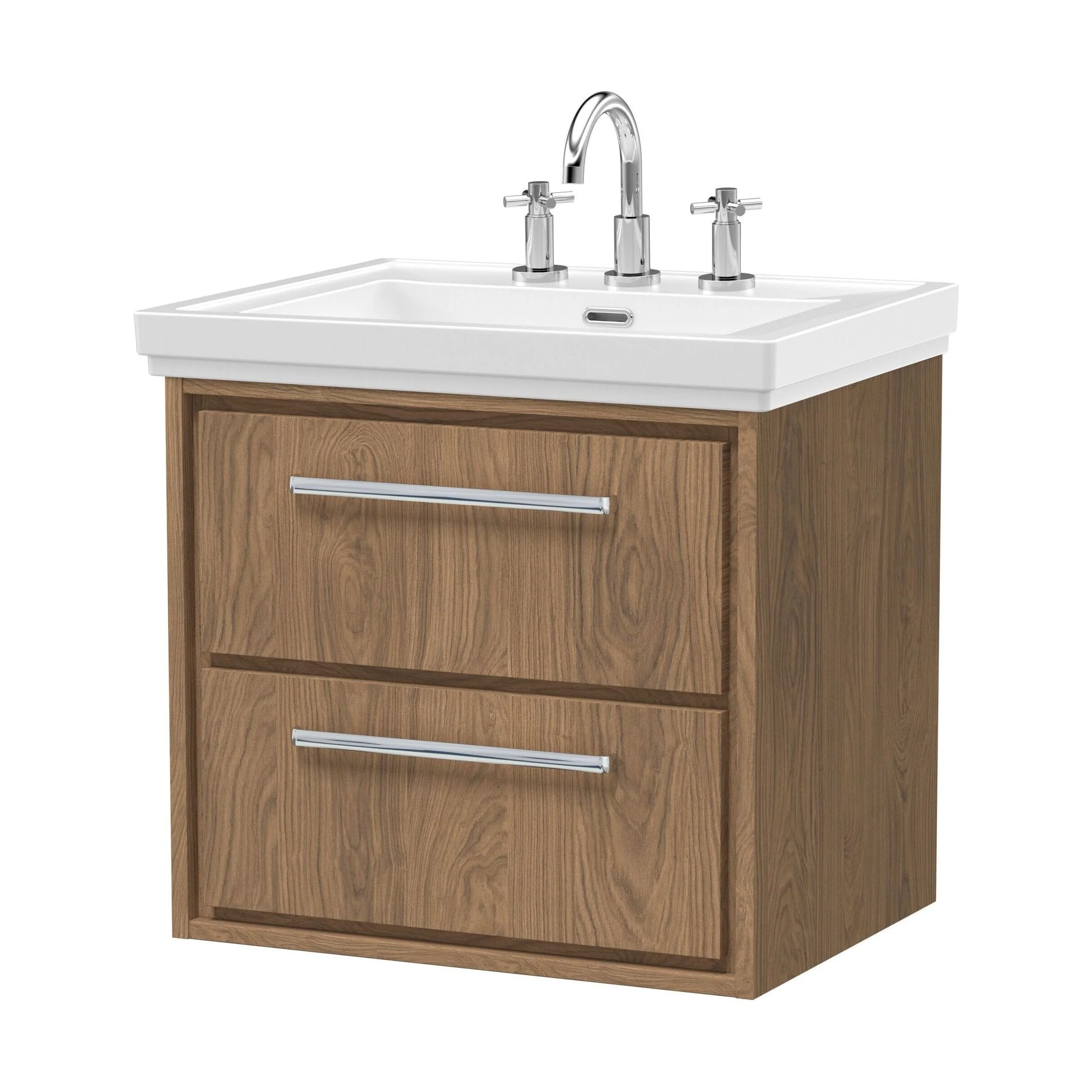 Longnor 2 Drawer Wall Hung Vanity Unit with 3 Tap Hole Traditional Fireclay Basin, Antique Oak, 600mm