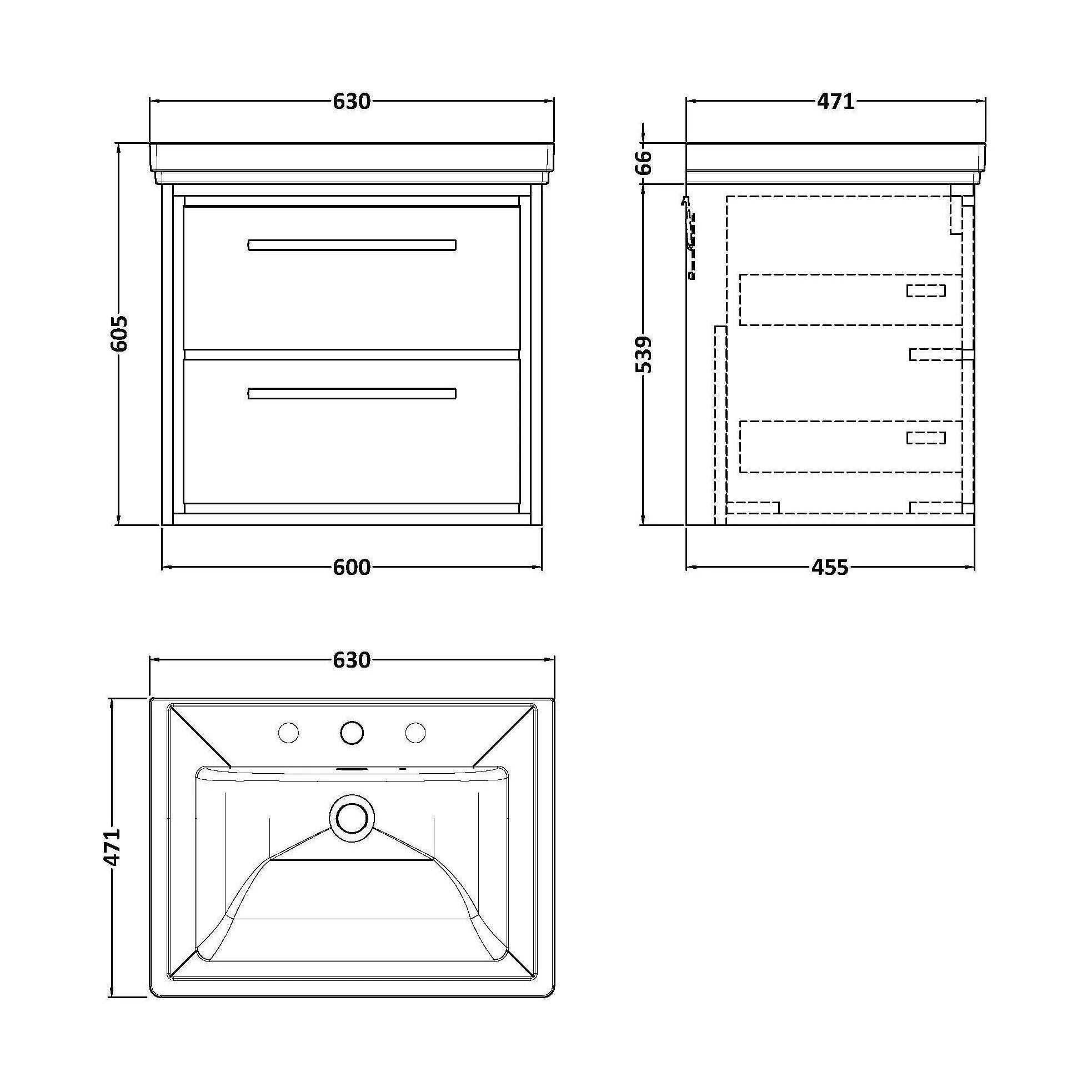 Longnor 2 Drawer Wall Hung Vanity Unit with 3 Tap Hole Traditional Fireclay Basin, Antique Oak, 600mm - Image 2