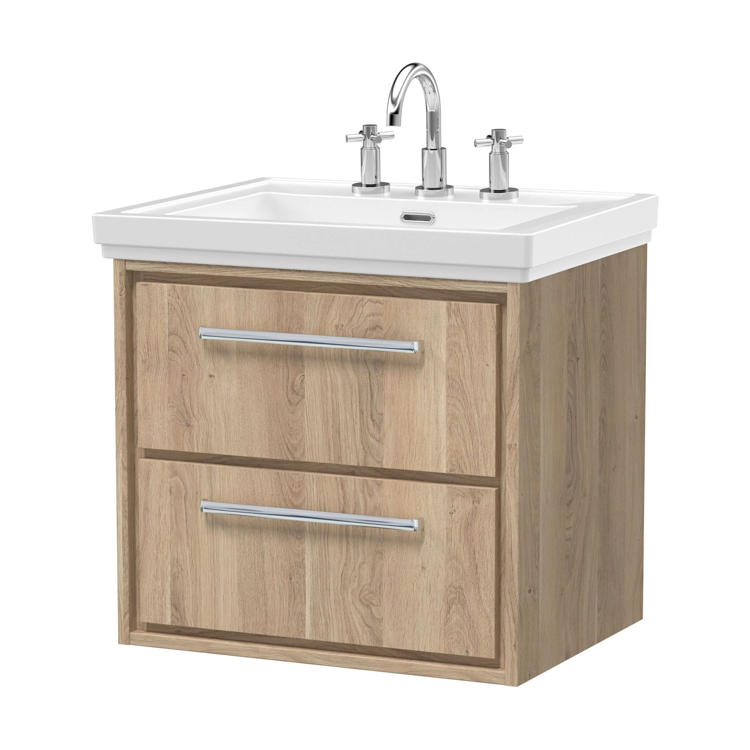 Longnor 2 Drawer Wall Hung Vanity Unit with 3 Tap Hole Traditional Fireclay Basin, Light Oak, 600mm