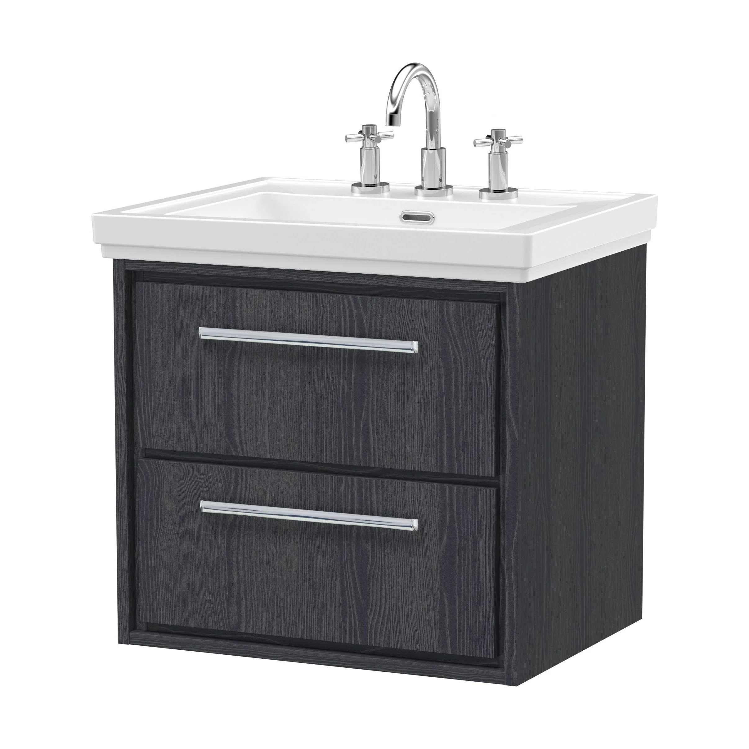 Longnor 2 Drawer Wall Hung Vanity Unit with 3 Tap Hole Traditional Fireclay Basin, Woodgrain Graphite Grey, 600mm