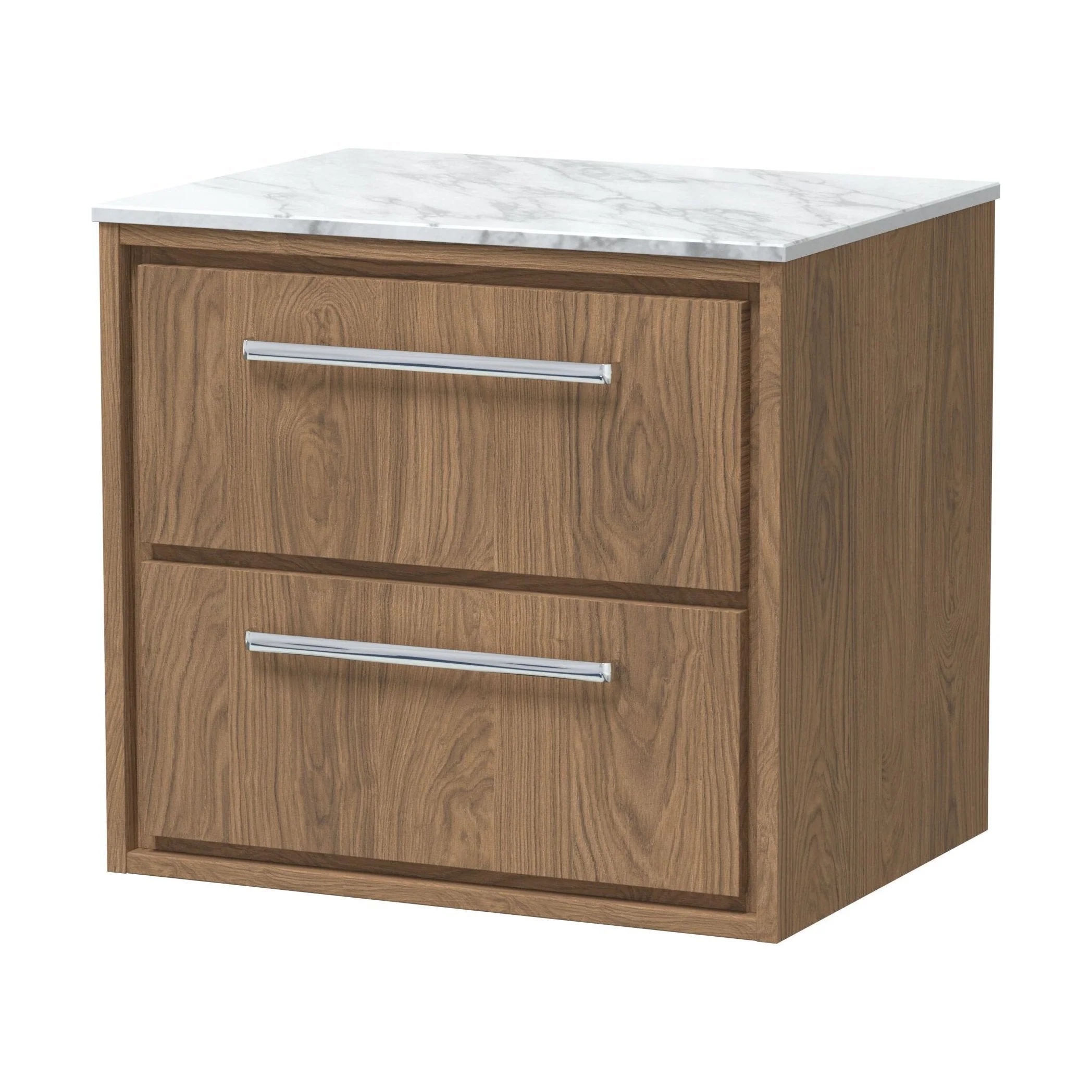 Longnor 2 Drawer Wall Hung Vanity Unit with Carrera Marble Worktop, Antique Oak, 600mm