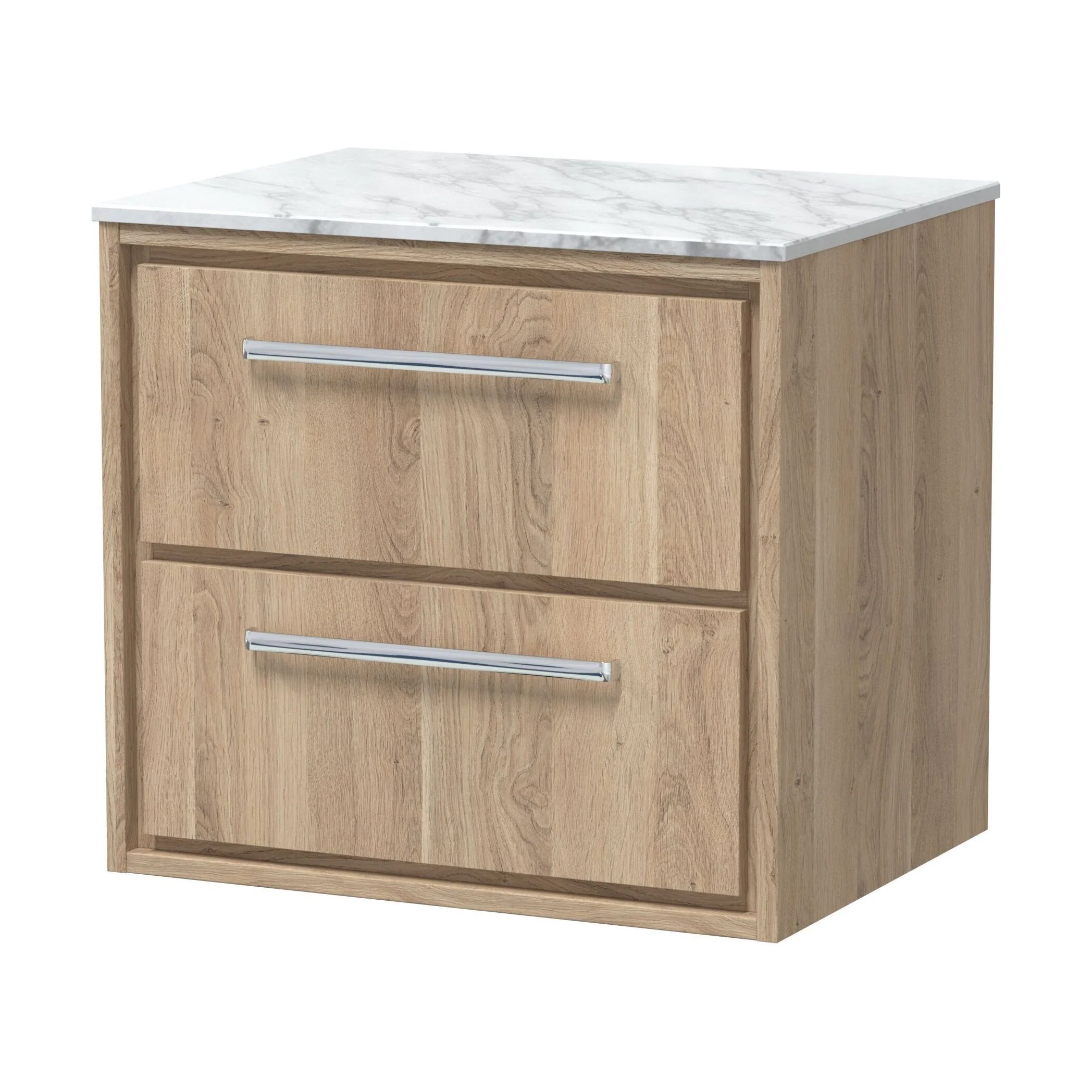 Longnor 2 Drawer Wall Hung Vanity Unit with Carrera Marble Worktop, Light Oak, 600mm