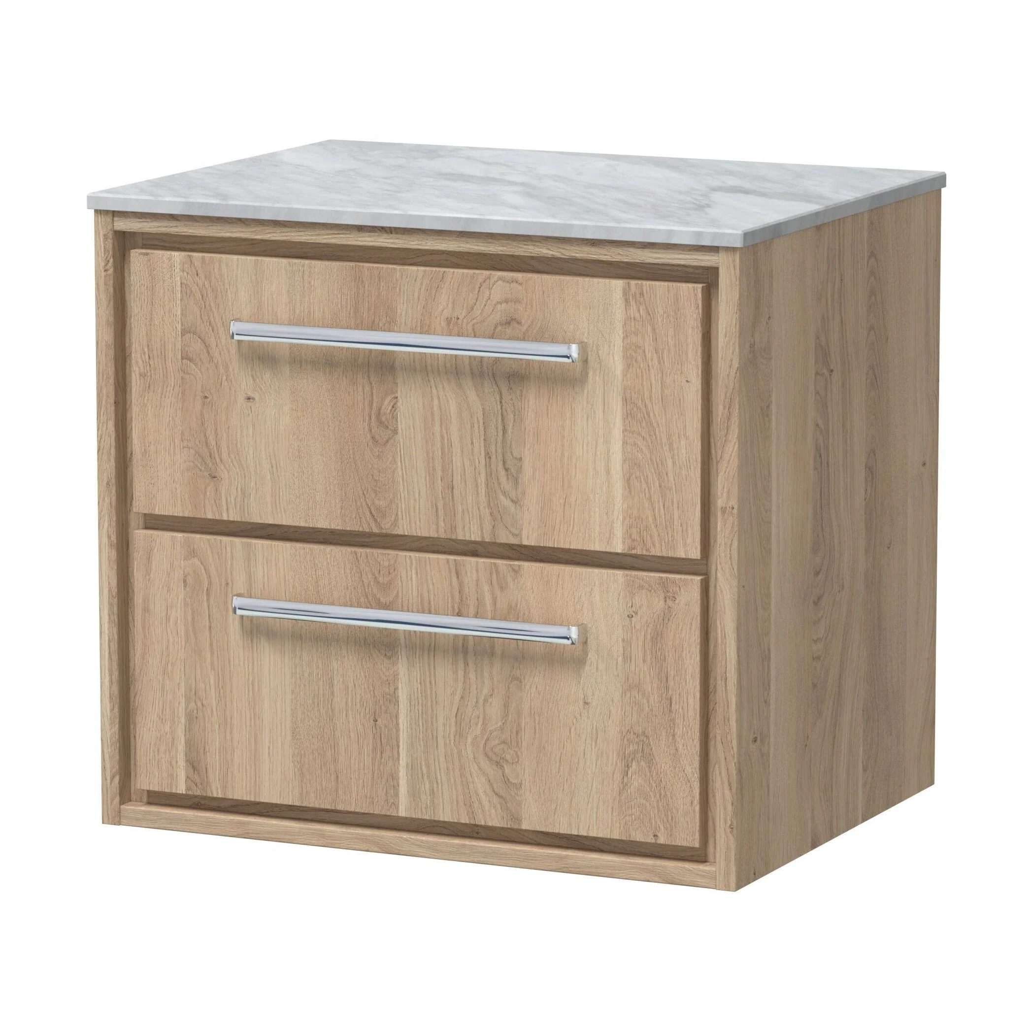 Longnor 2 Drawer Wall Hung Vanity Unit with Grey Marble Worktop, Light Oak, 600mm