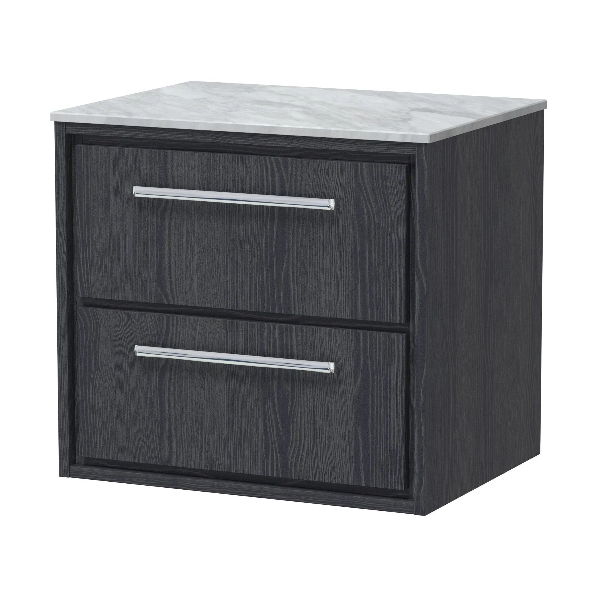 Longnor 2 Drawer Wall Hung Vanity Unit with Grey Marble Worktop, Woodgrain Graphite Grey, 600mm