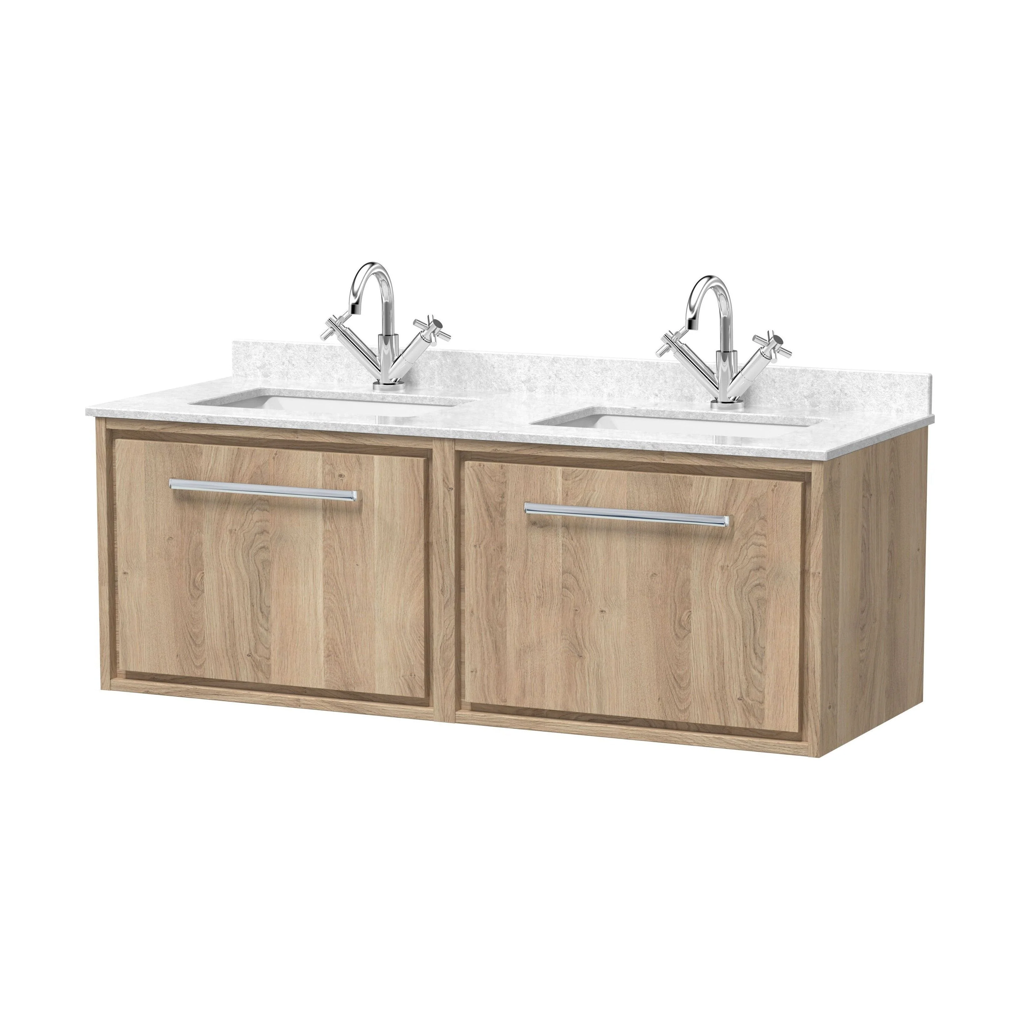 Longnor 2 Drawer Wall Hung Vanity Unit with Square Basin and Marble Worktop, Light Oak, 1200mm