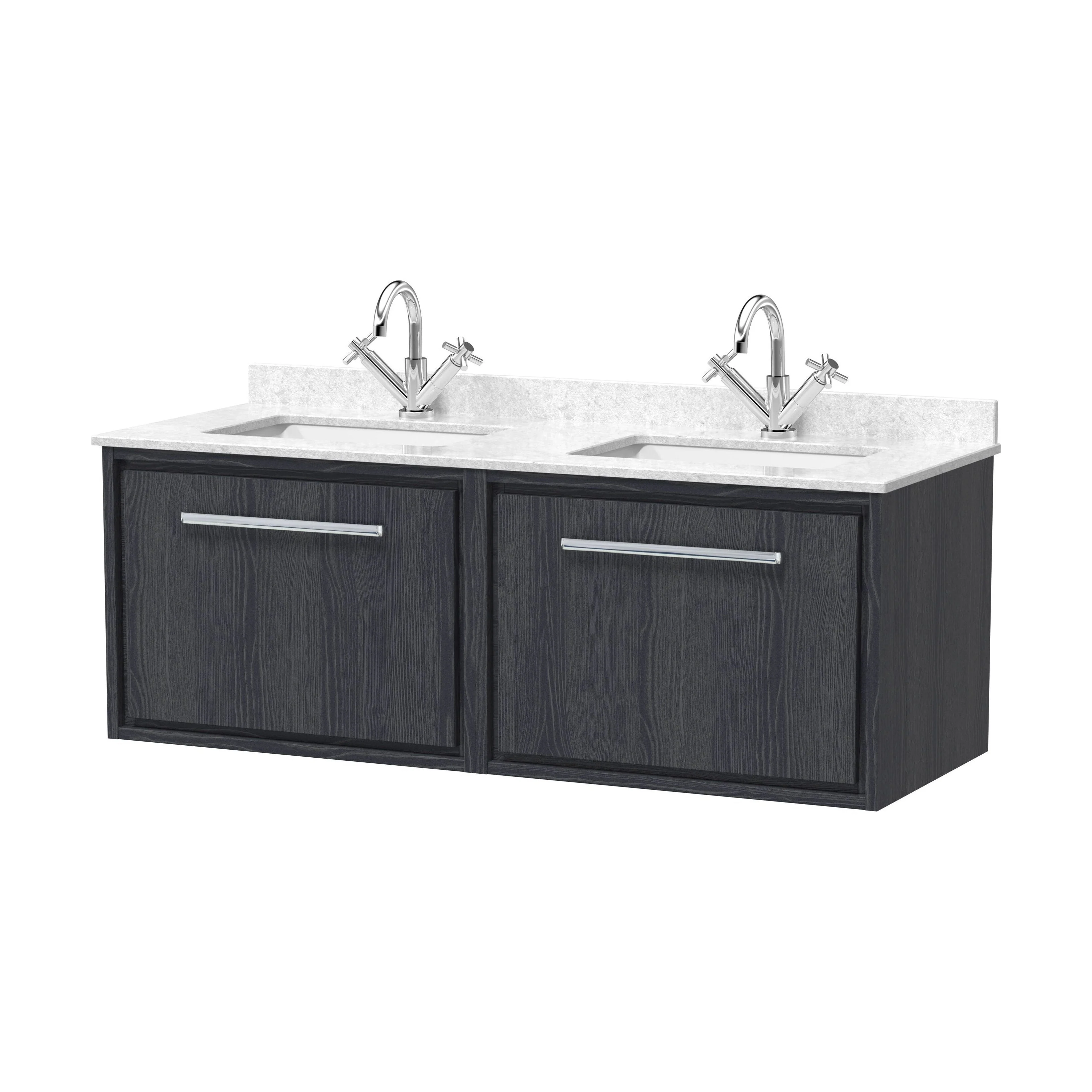 Longnor 2 Drawer Wall Hung Vanity Unit with Square Basin and Marble Worktop, Woodgrain Graphite Grey, 1200mm