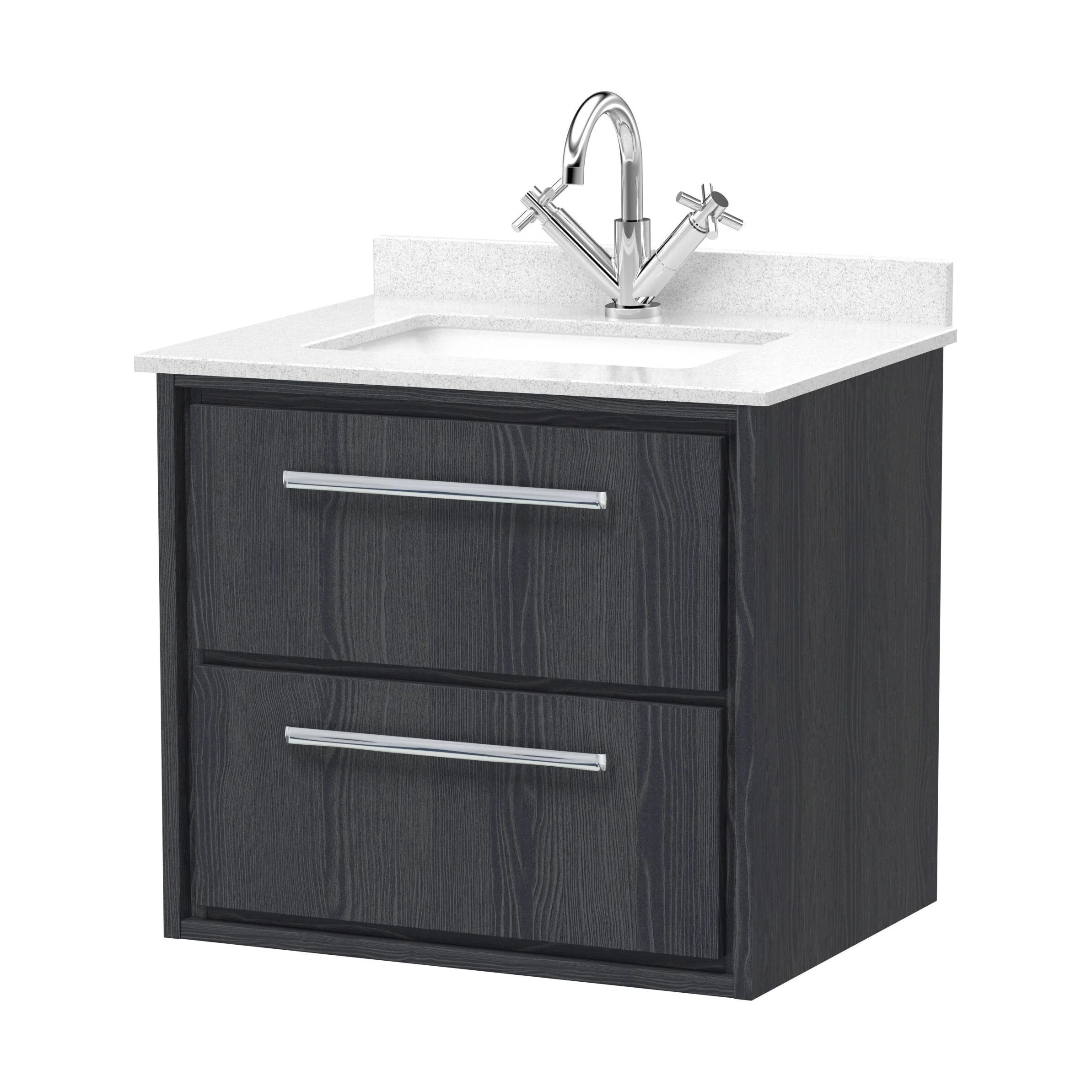 Longnor 2 Drawer Wall Hung Vanity Unit with Square Basin and Marble Worktop, Woodgrain Graphite Grey, 600mm