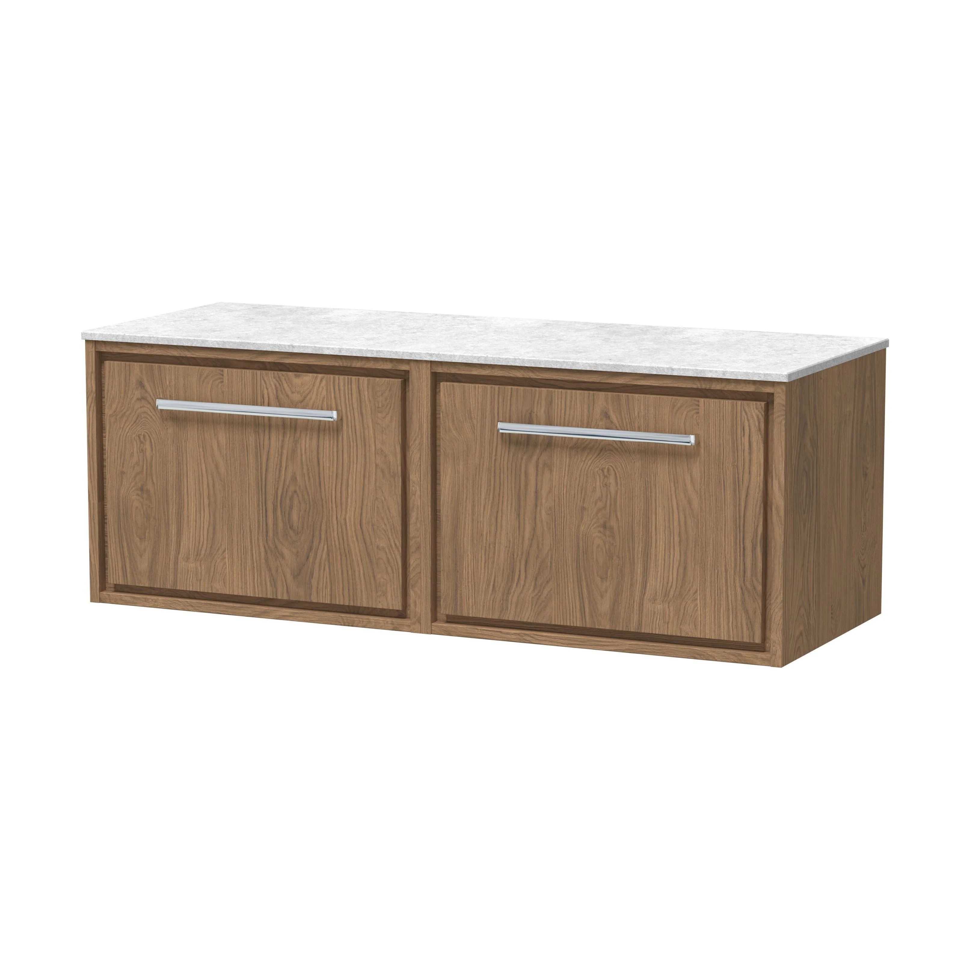 Longnor 2 Drawer Wall Hung Vanity Unit with White Marble Worktop, Antique Oak, 1200mm