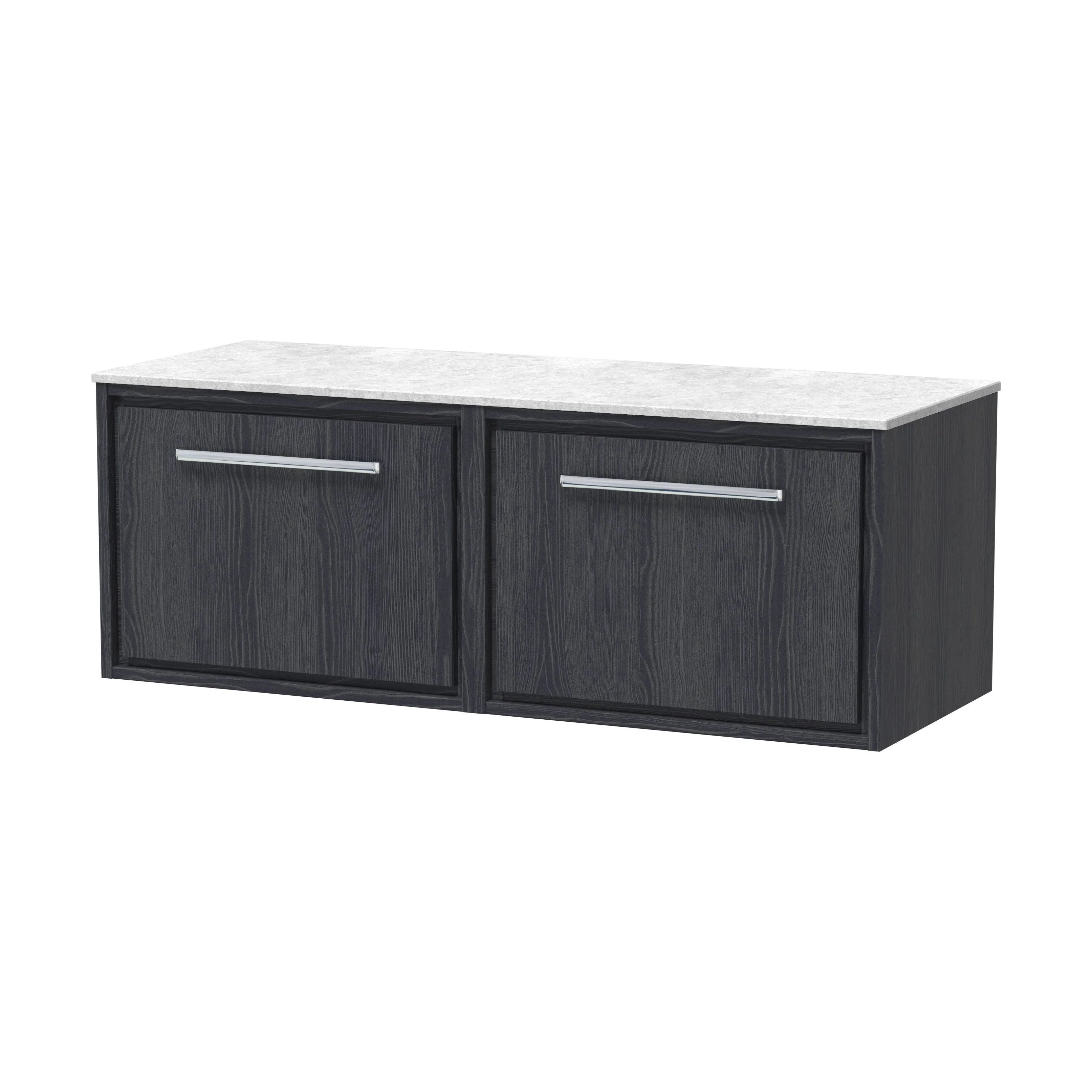 Longnor 2 Drawer Wall Hung Vanity Unit with White Marble Worktop, Woodgrain Graphite Grey, 1200mm