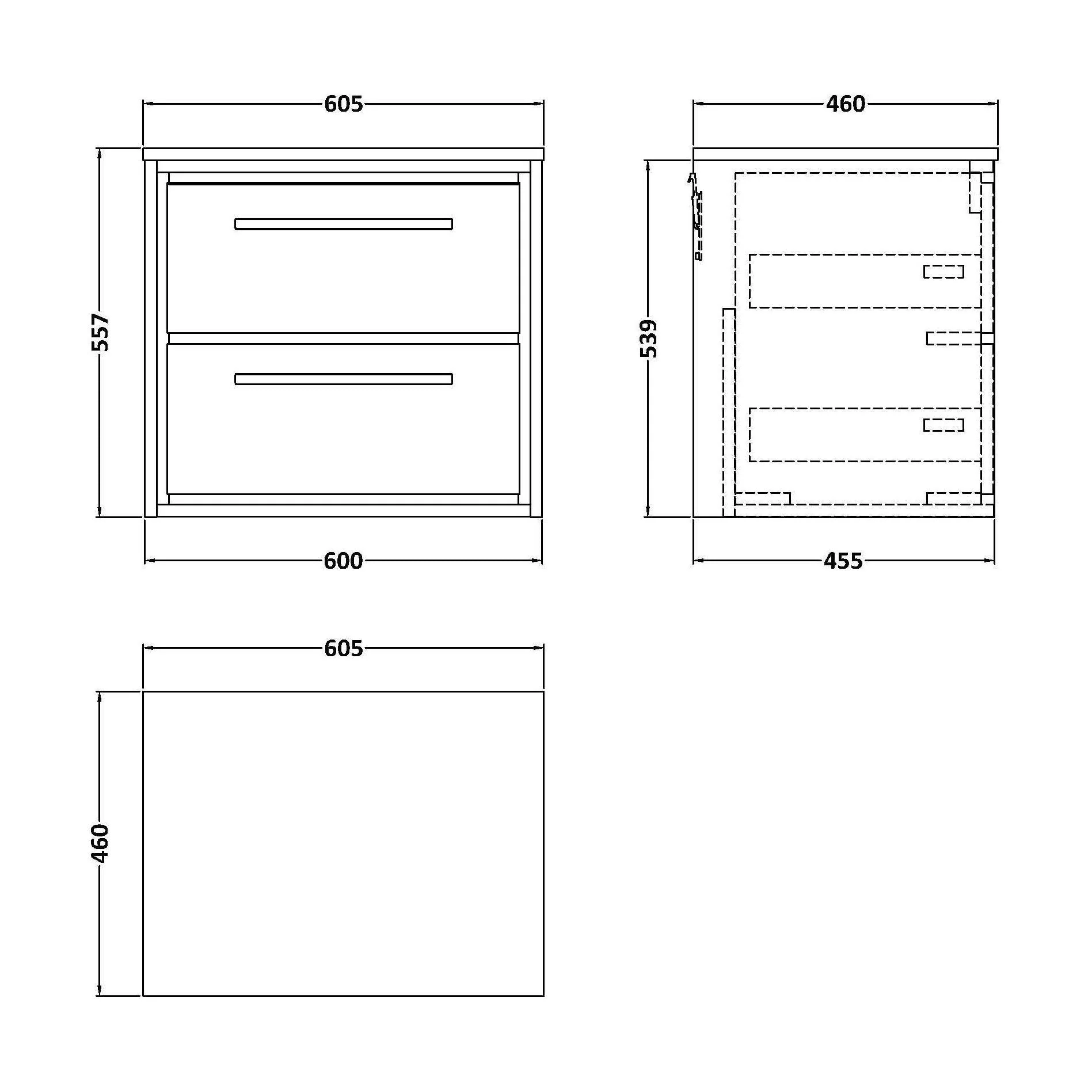 Longnor 2 Drawer Wall Hung Vanity Unit with Worktop, Light Oak, 600mm - Image 2