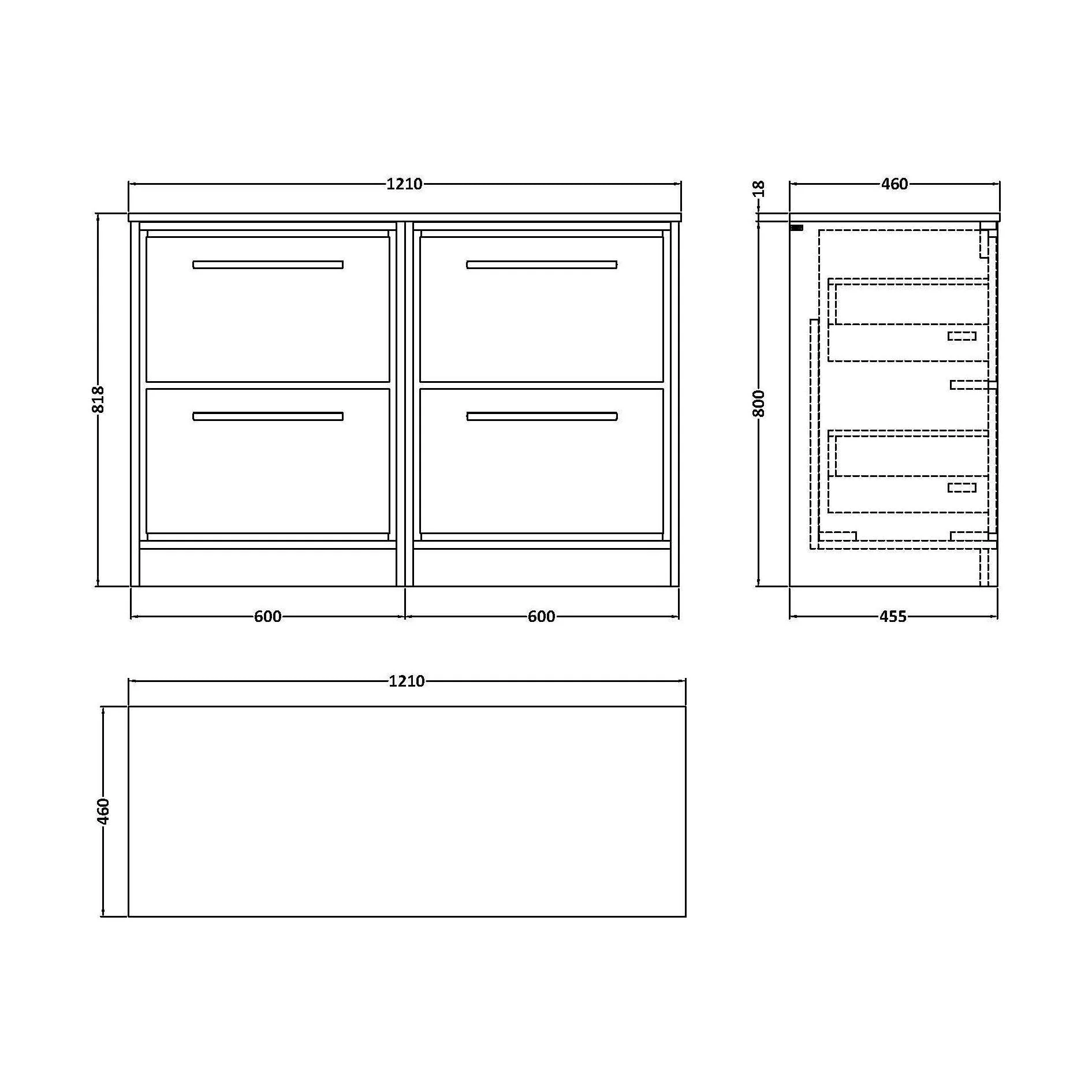Longnor 4 Drawer Floor Standing Vanity Unit with Grey Marble Worktop, Light Oak, 1200mm - Image 2