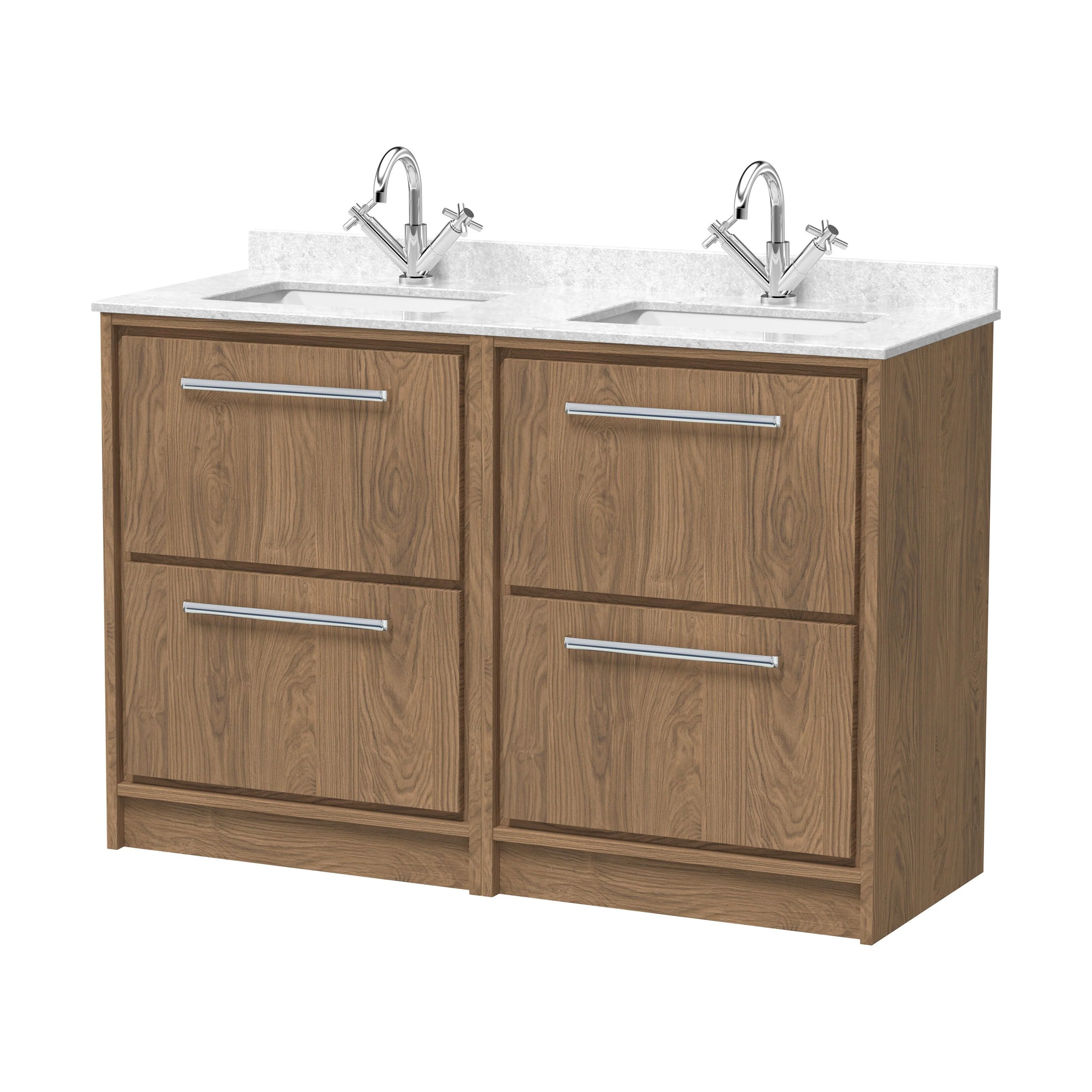 Longnor 4 Drawer Floor Standing Vanity Unit with Square Basin and Marble Worktop, Antique Oak, 1200mm