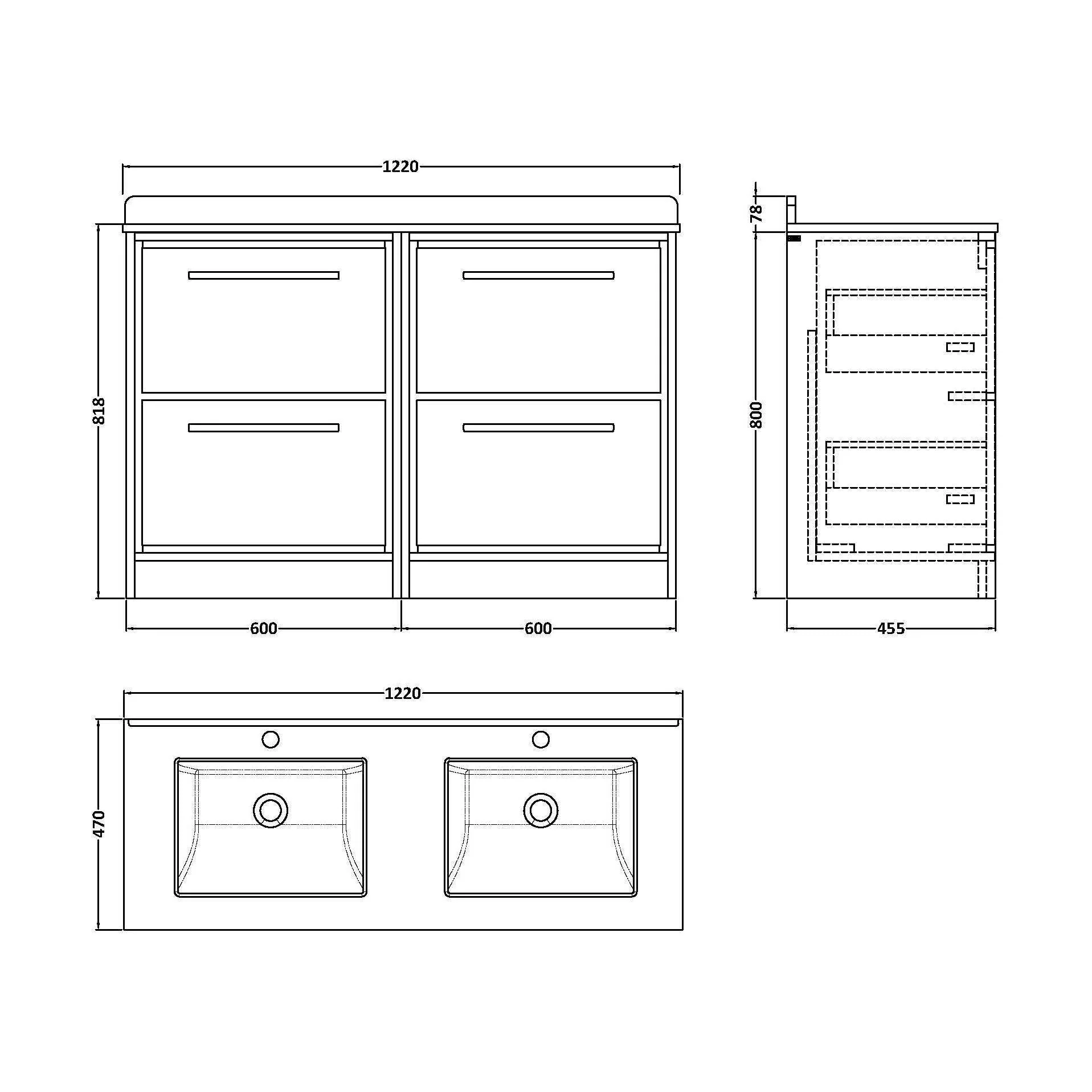 Longnor 4 Drawer Floor Standing Vanity Unit with Square Basin and Marble Worktop, Antique Oak, 1200mm - Image 2