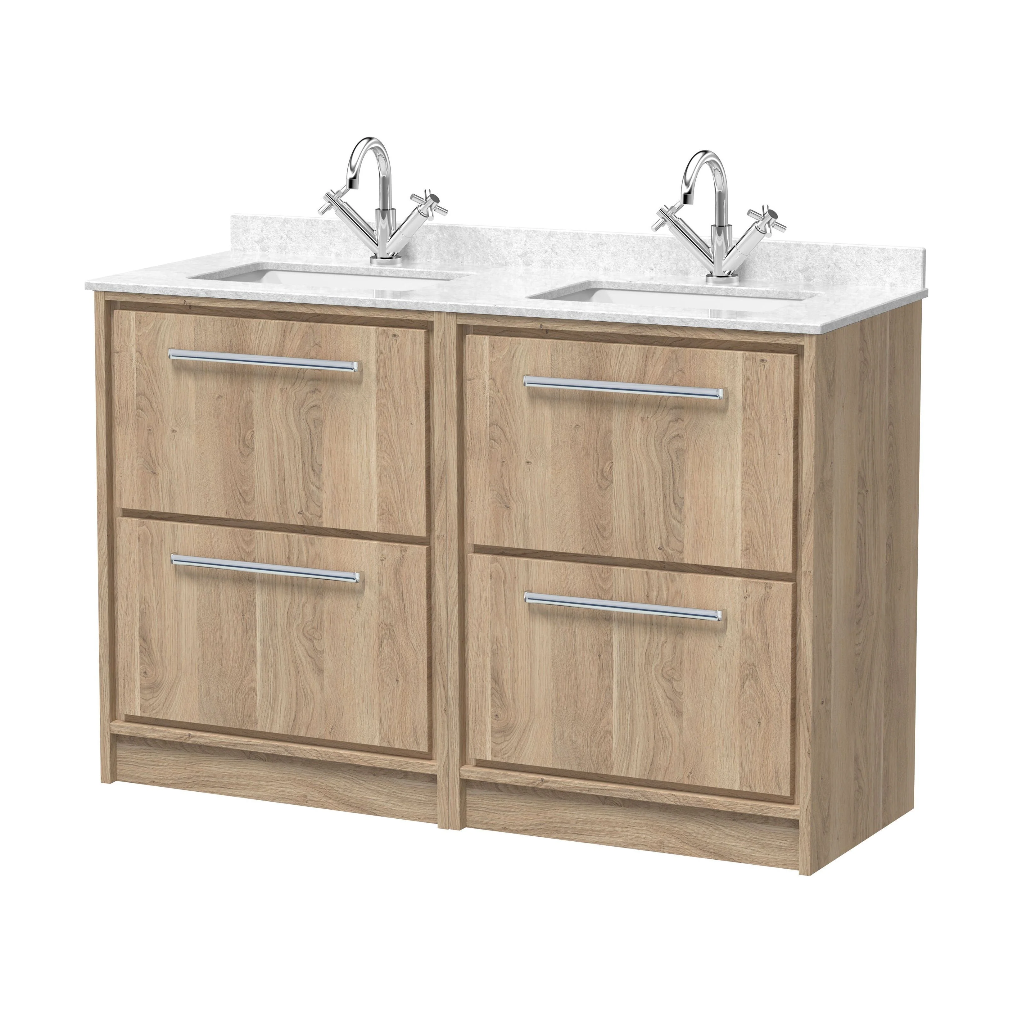 Longnor 4 Drawer Floor Standing Vanity Unit with Square Basin and Marble Worktop, Light Oak, 1200mm
