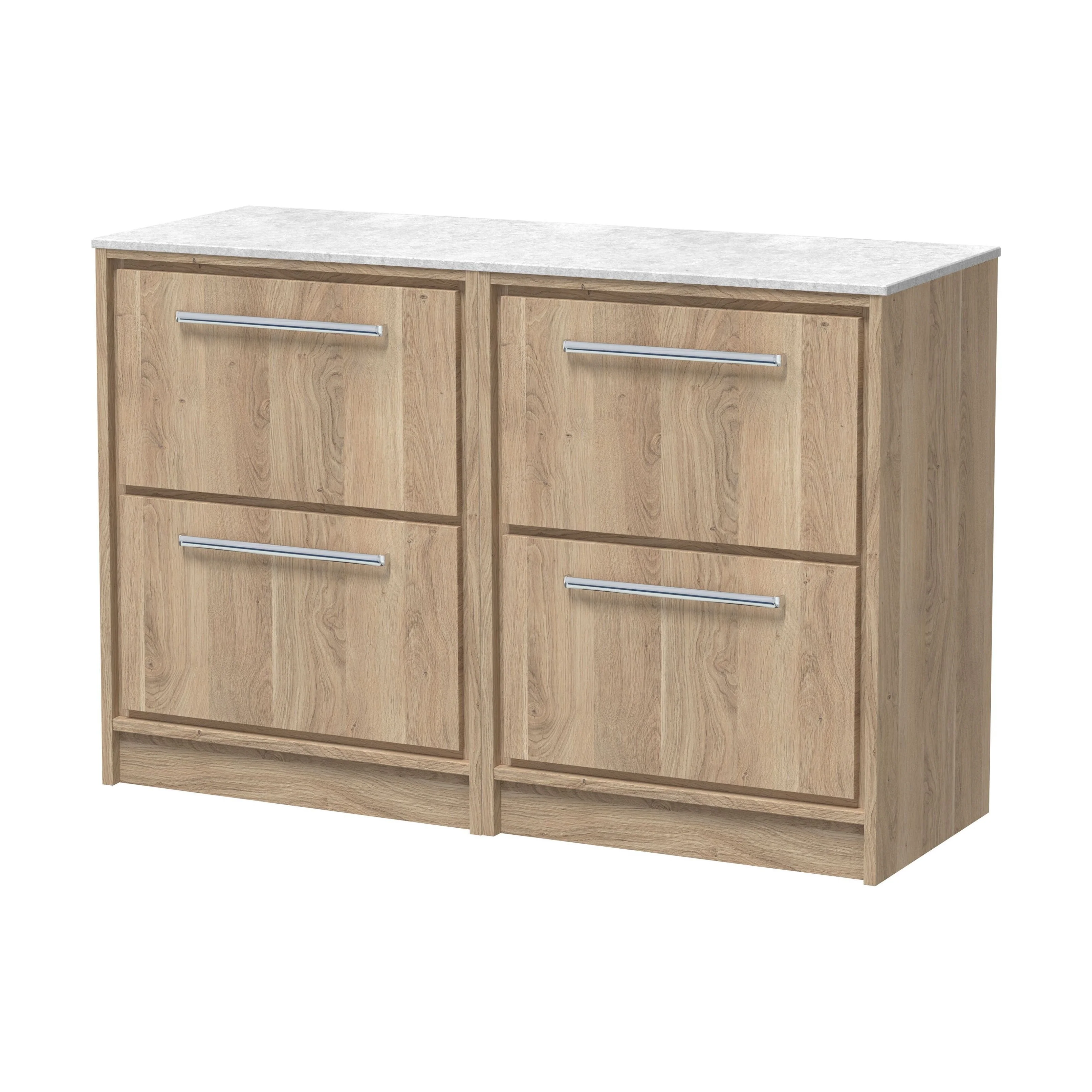 Longnor 4 Drawer Floor Standing Vanity Unit with White Marble Worktop, Light Oak, 1200mm