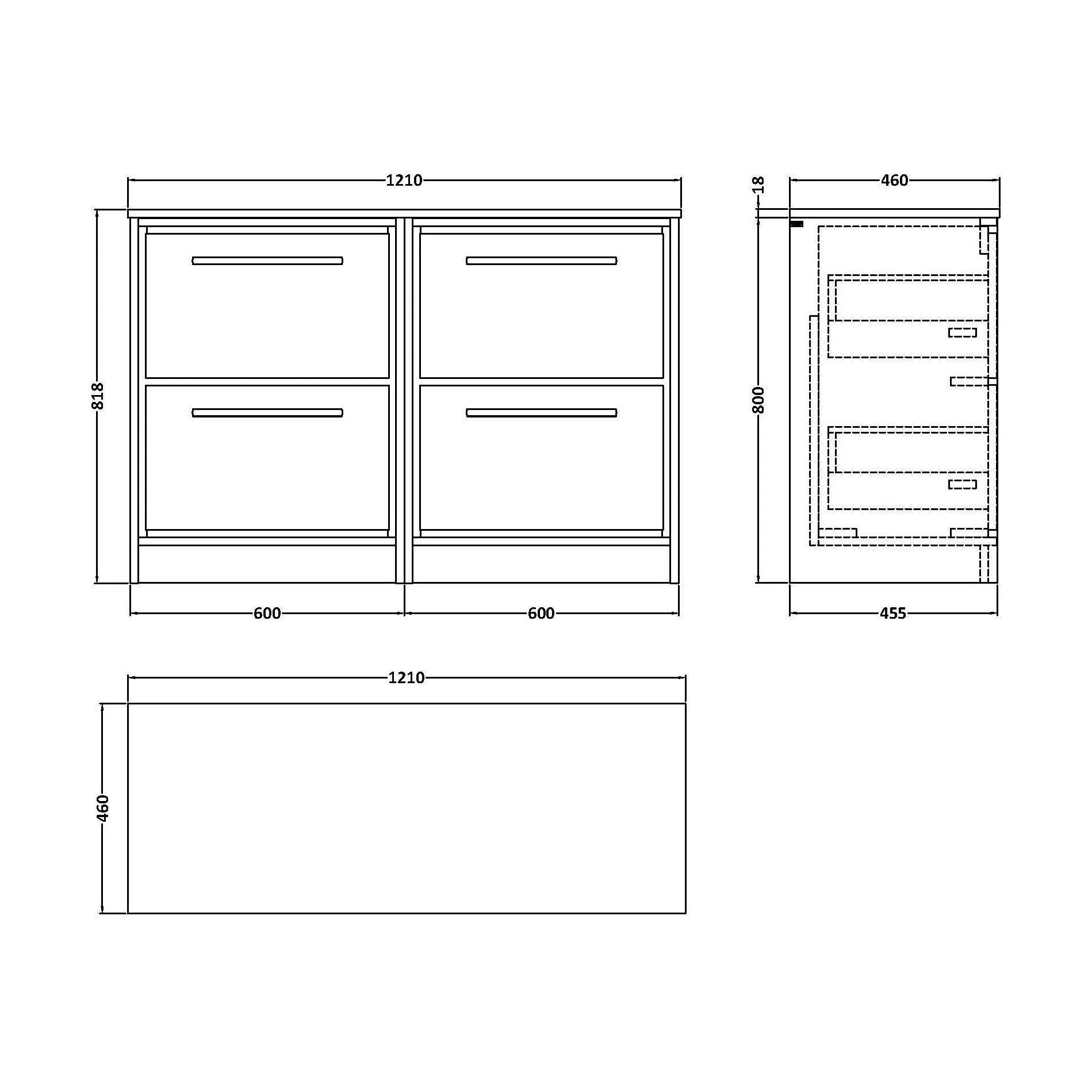 Longnor 4 Drawer Floor Standing Vanity Unit with Worktop, Light Oak, 600mm - Image 2