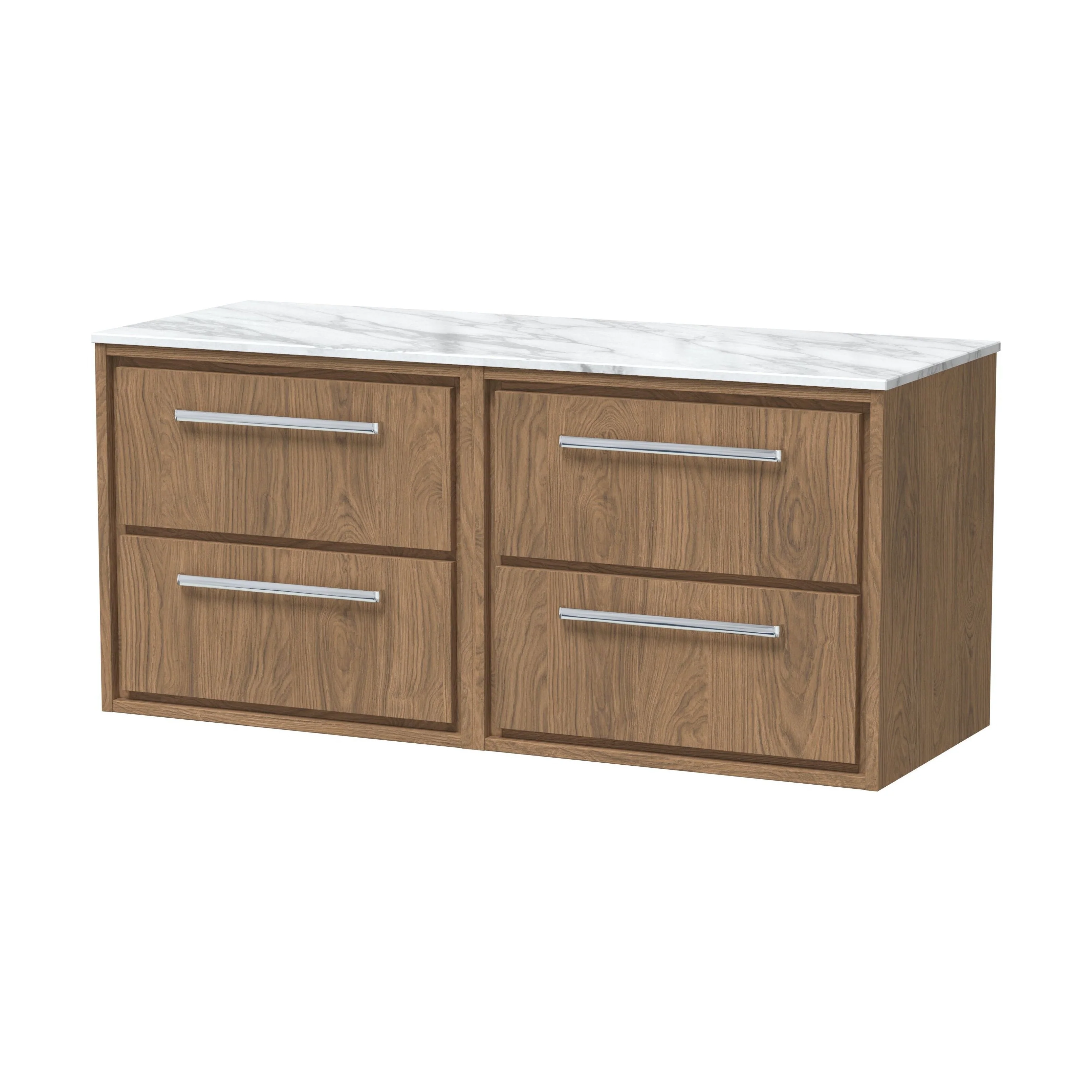 Longnor 4 Drawer Wall Hung Vanity Unit with Carrera Marble Worktop, Antique Oak, 600mm